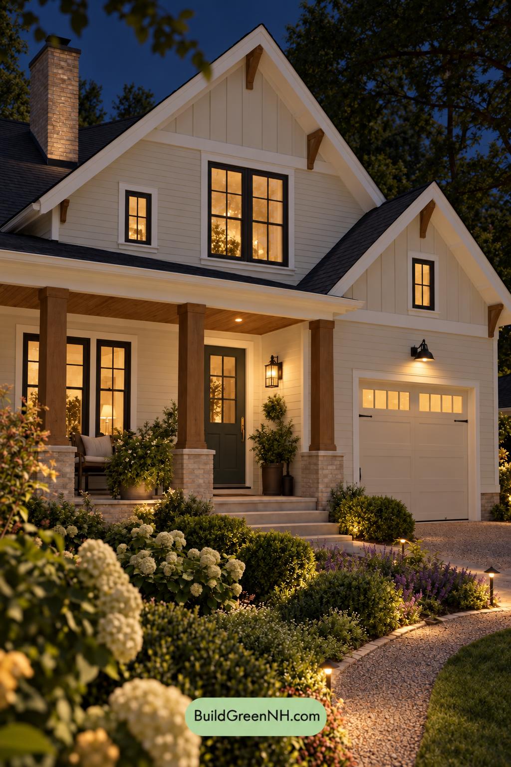 Wood and White House Exterior Color Scheme: Chalkwood Juniper - Nighttime