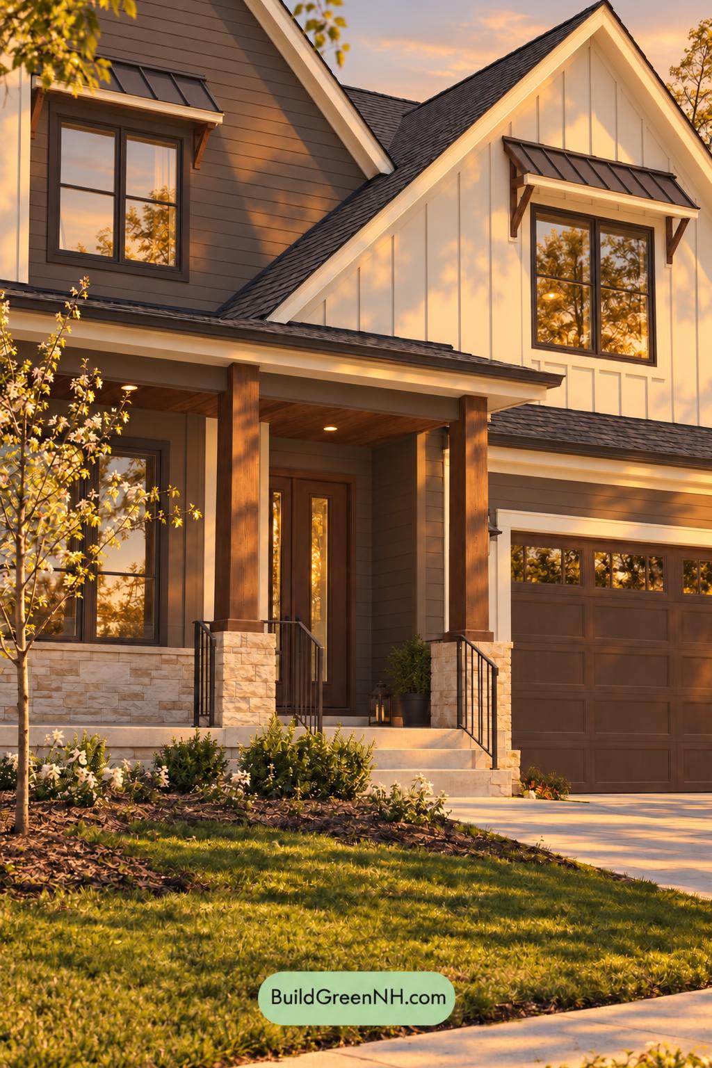 Wood and White House Exterior Color Scheme: Cloud White Umber Glow - Golden Hour