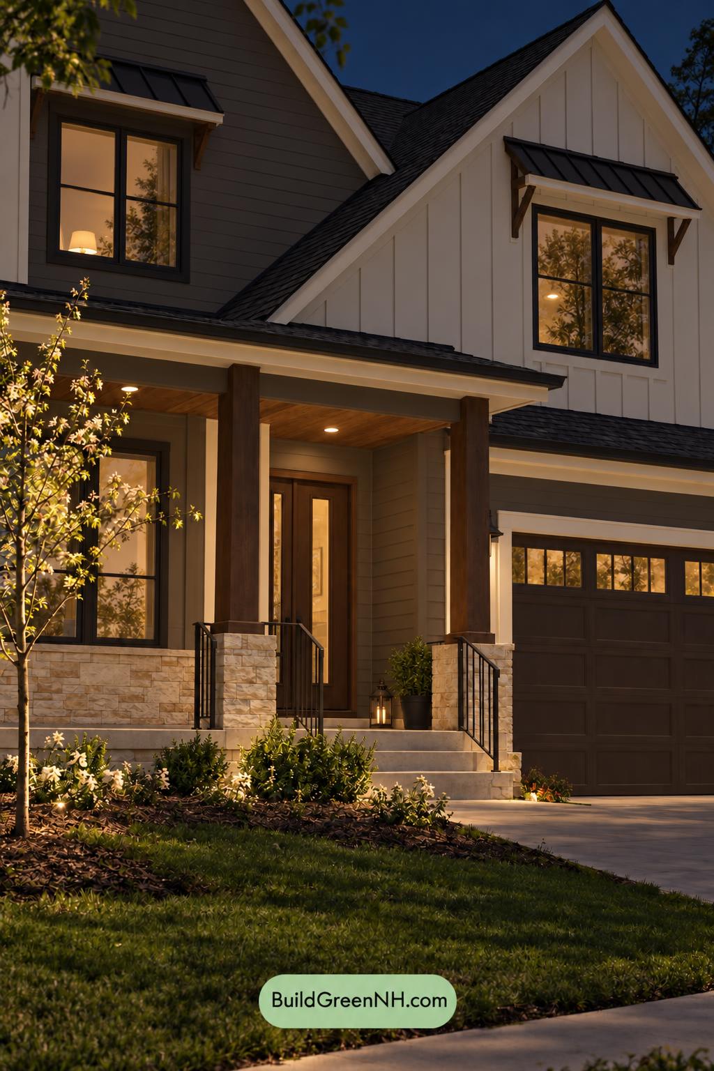 Wood and White House Exterior Color Scheme: Cloud White Umber Glow - Nighttime