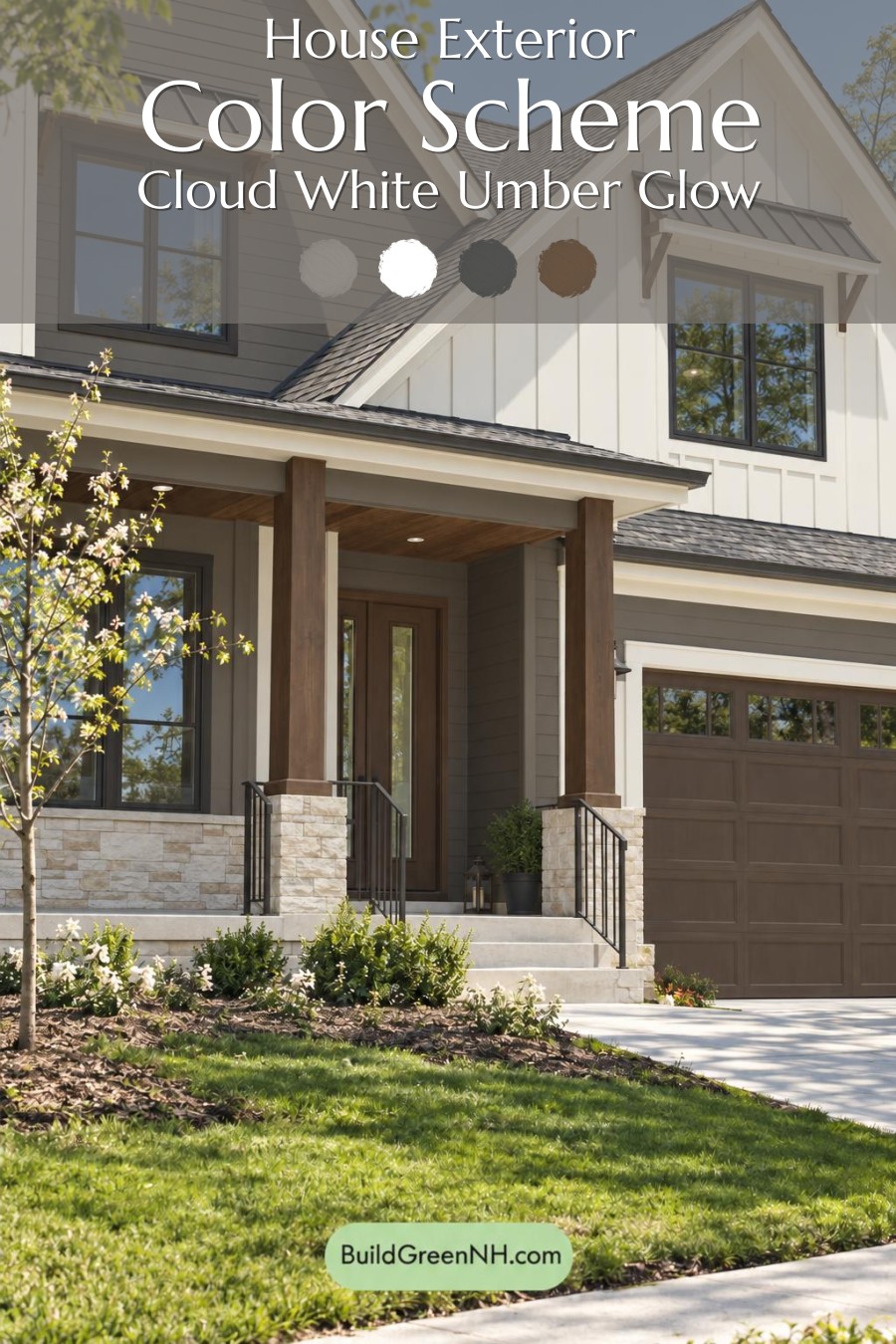 Wood and White House Exterior Color Scheme: Cloud White Umber Glow