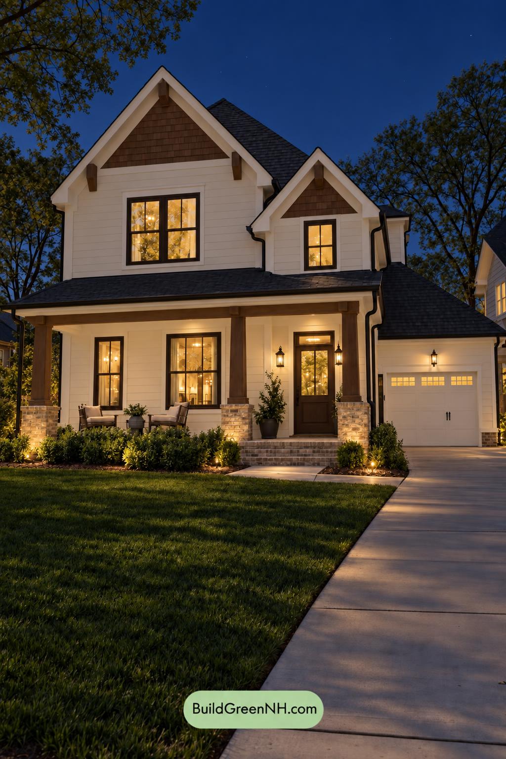Wood and White House Exterior Color Scheme: Copperwood Poise - Nighttime