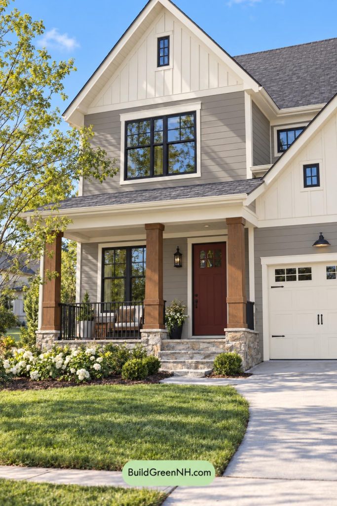Wood and White House Exterior Color Scheme: Driftwood Crimson