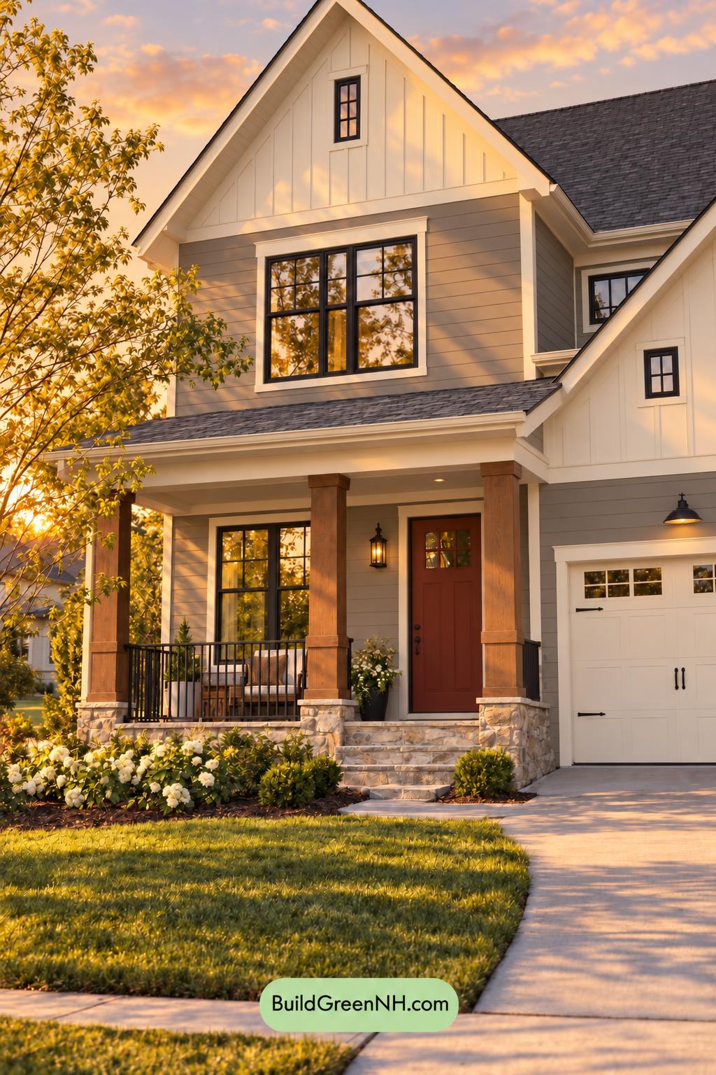 Wood and White House Exterior Color Scheme: Driftwood Crimson - Golden Hour