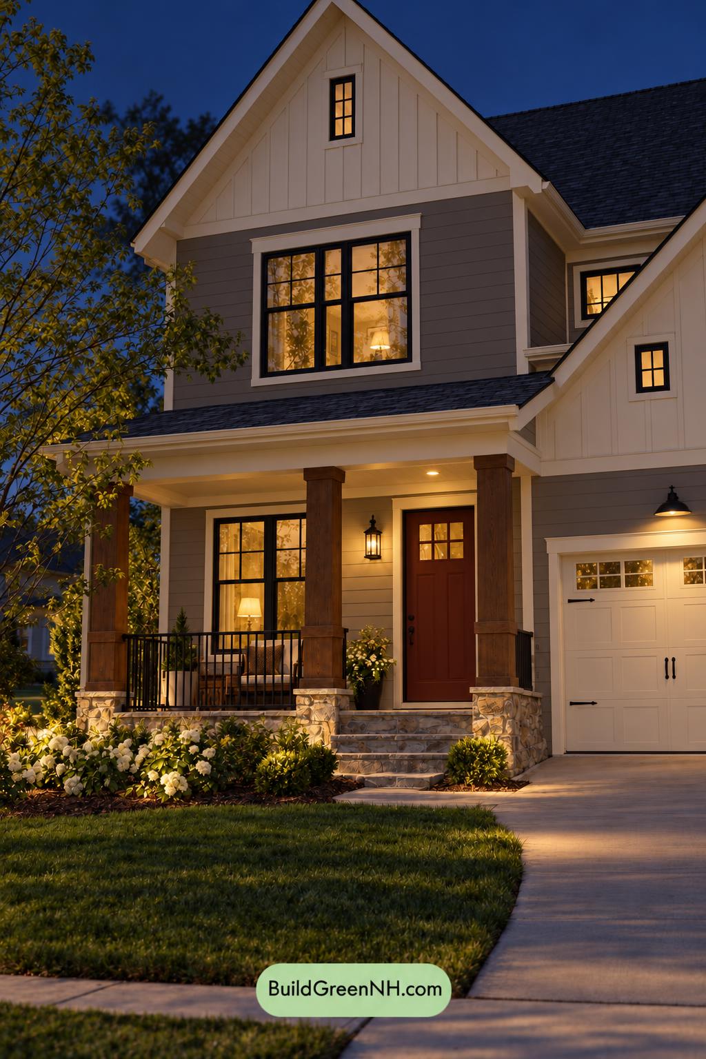 Wood and White House Exterior Color Scheme: Driftwood Crimson - Nighttime