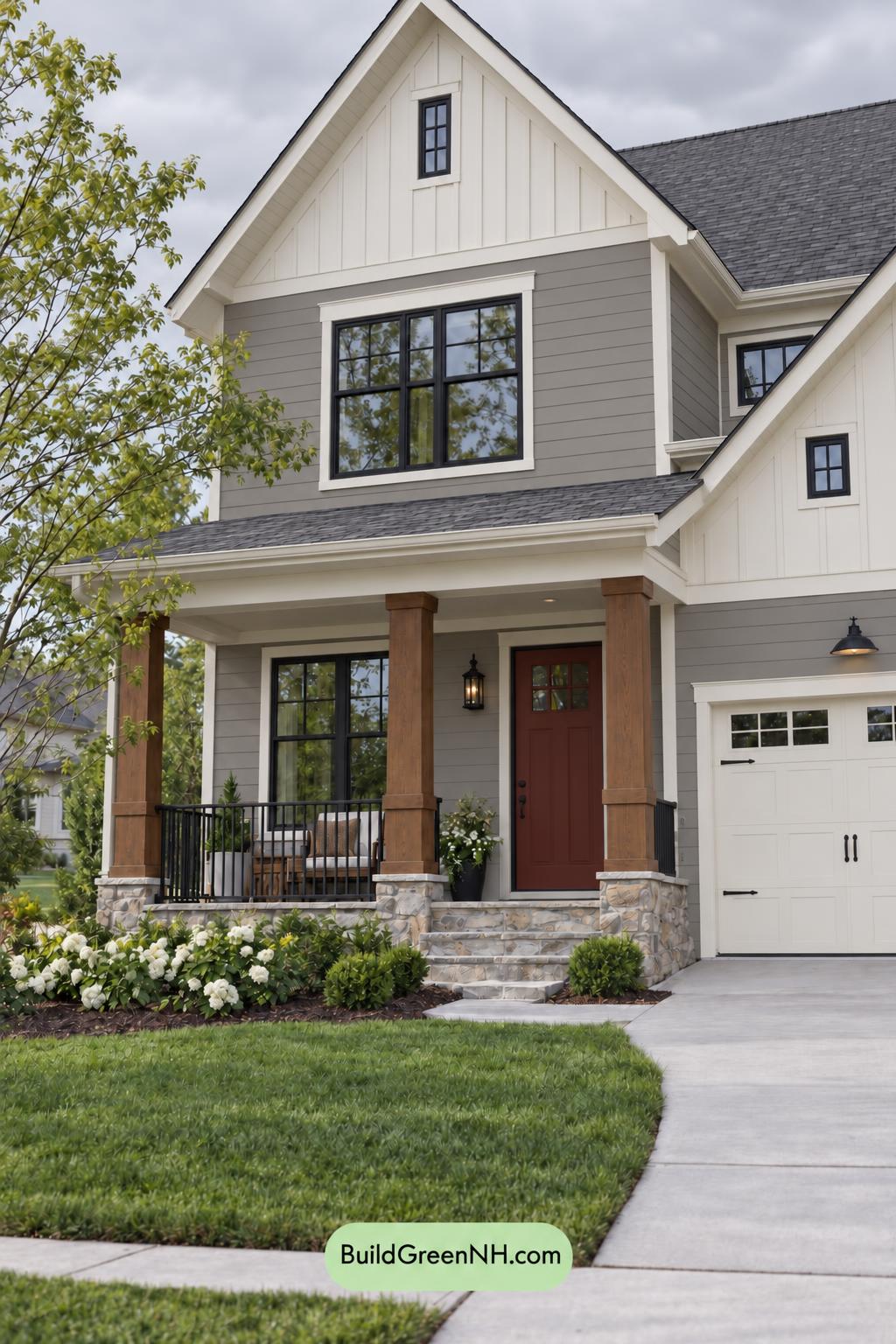 Wood and White House Exterior Color Scheme: Driftwood Crimson - Overcast