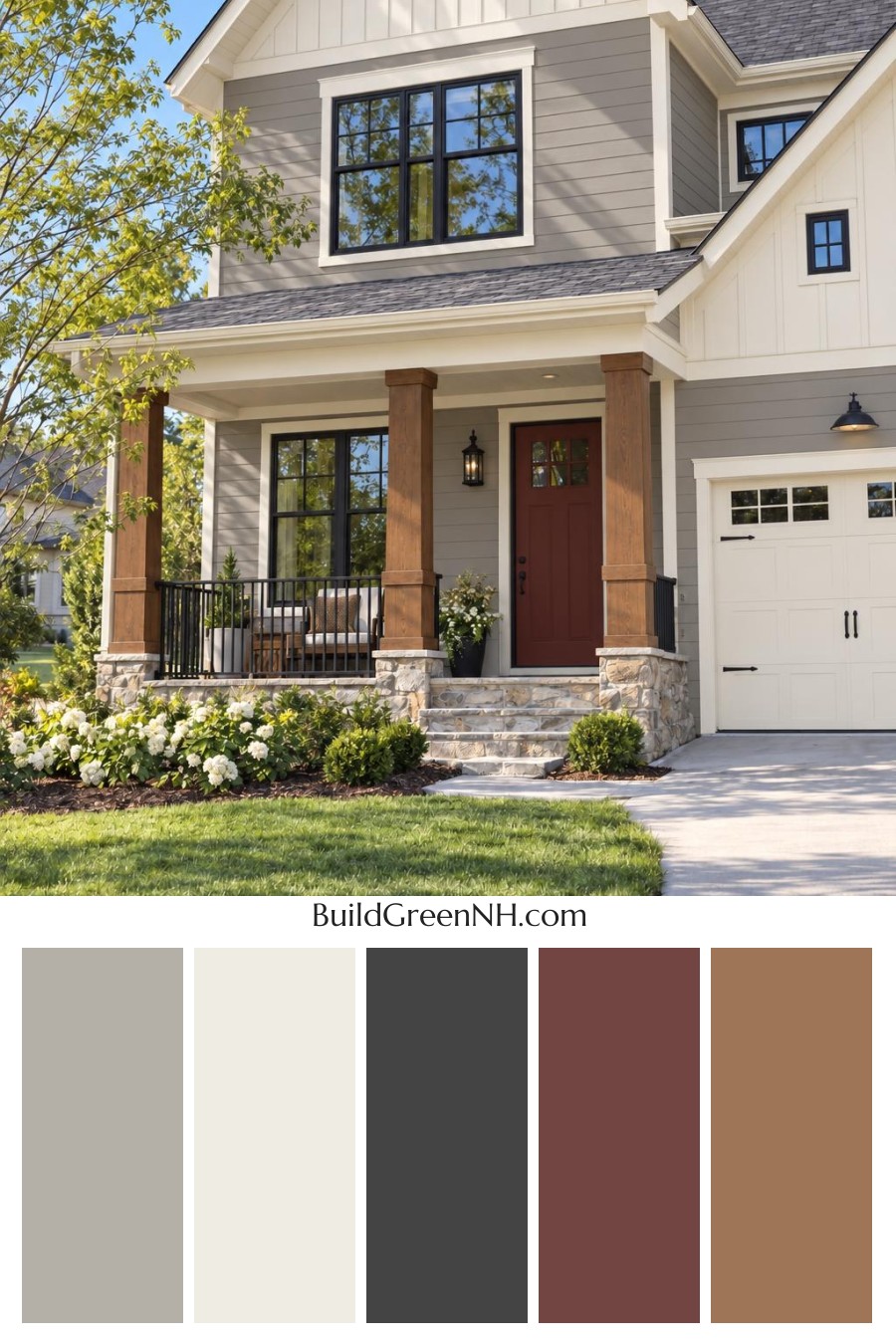 Wood and White House Exterior Color Scheme: Driftwood Crimson