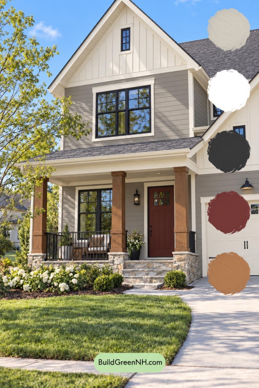 Wood and White House Exterior Color Scheme: Driftwood Crimson