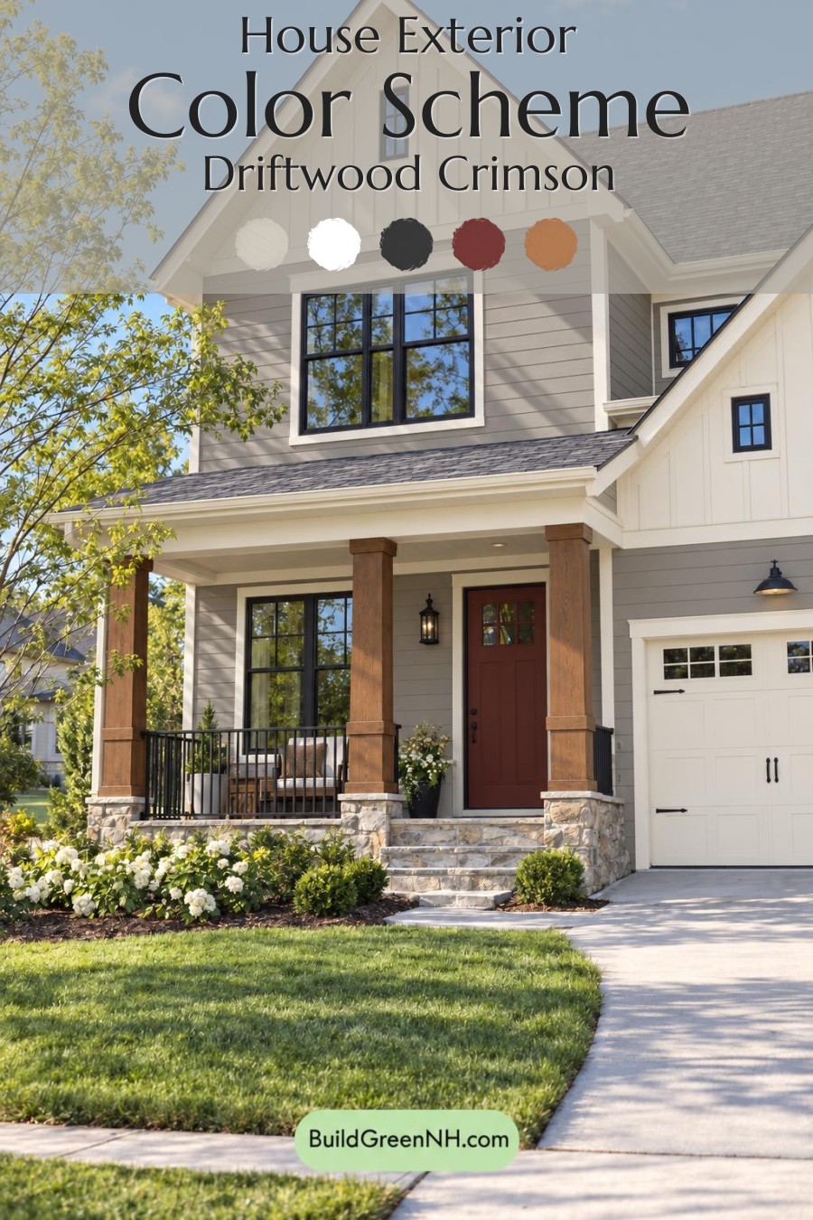 Wood and White House Exterior Color Scheme: Driftwood Crimson