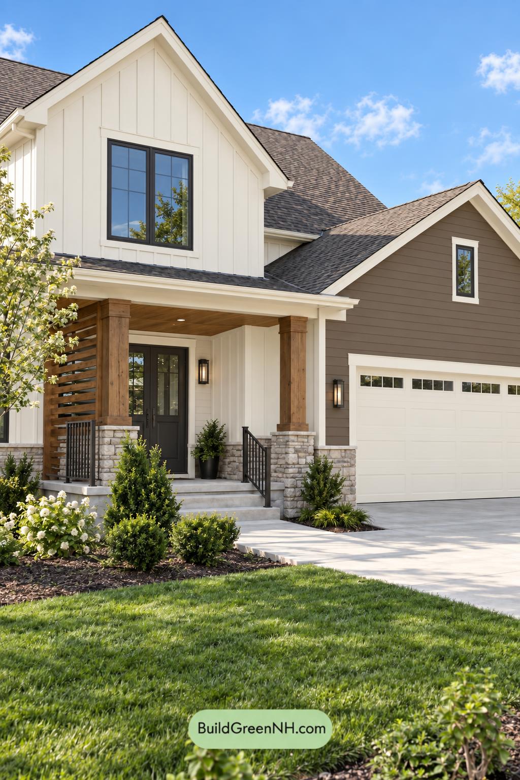 Wood and White House Exterior Color Scheme: Frosted Bark Balance