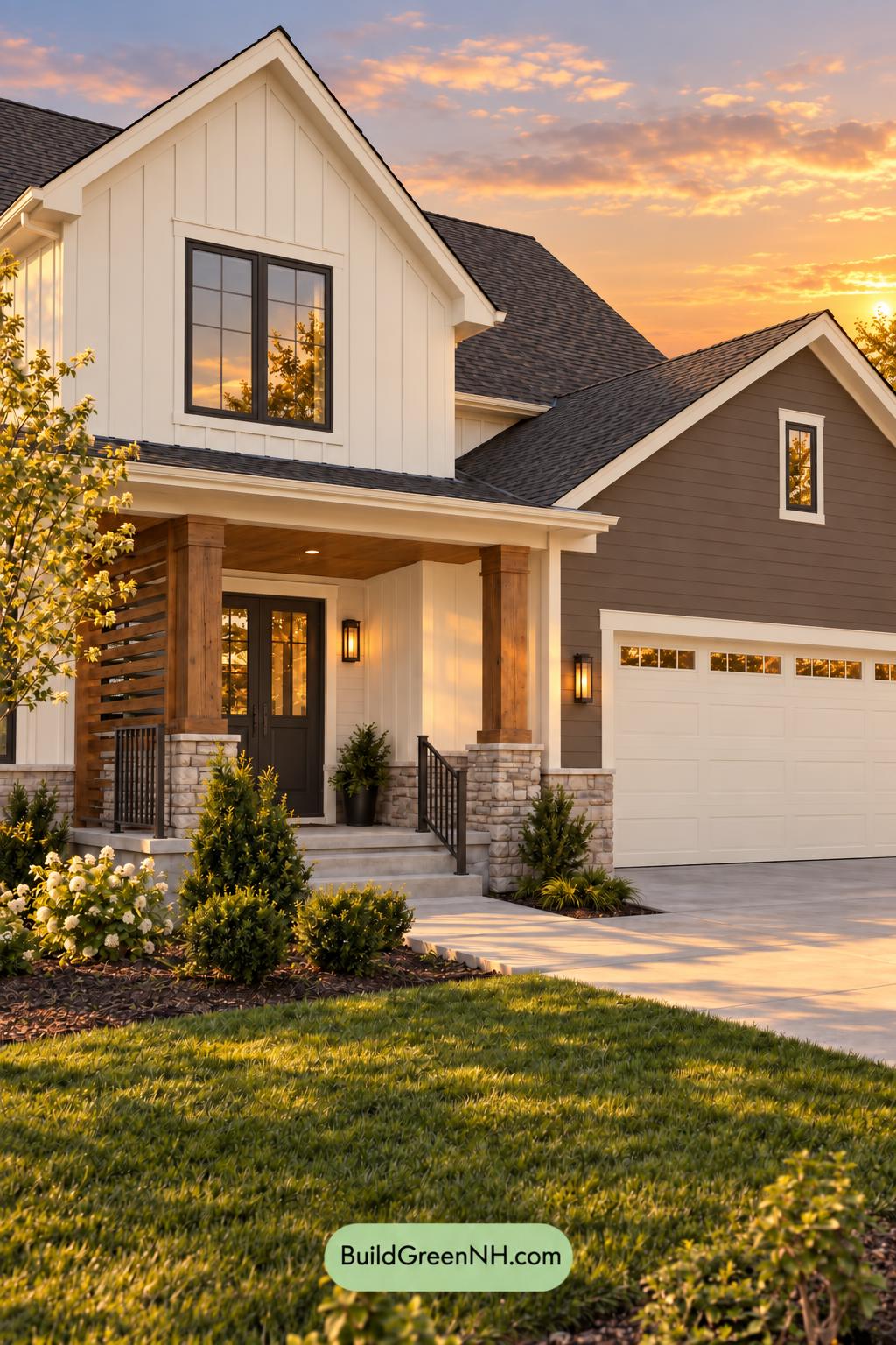 Wood and White House Exterior Color Scheme: Frosted Bark Balance - Golden Hour