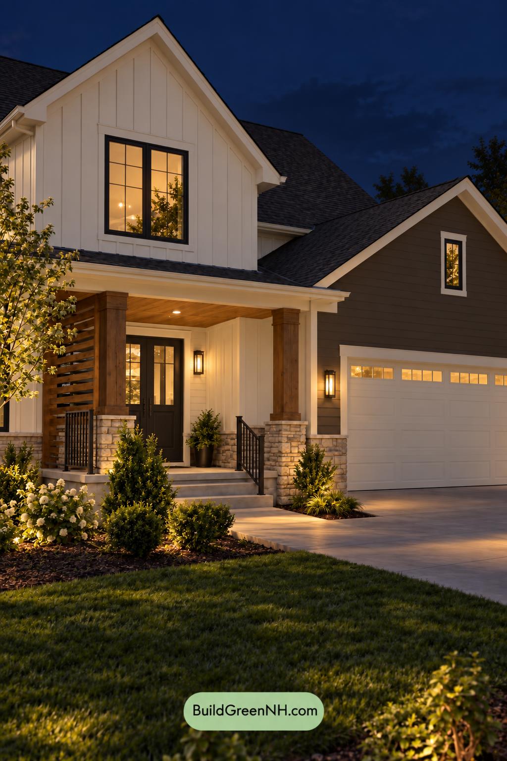 Wood and White House Exterior Color Scheme: Frosted Bark Balance - Nighttime