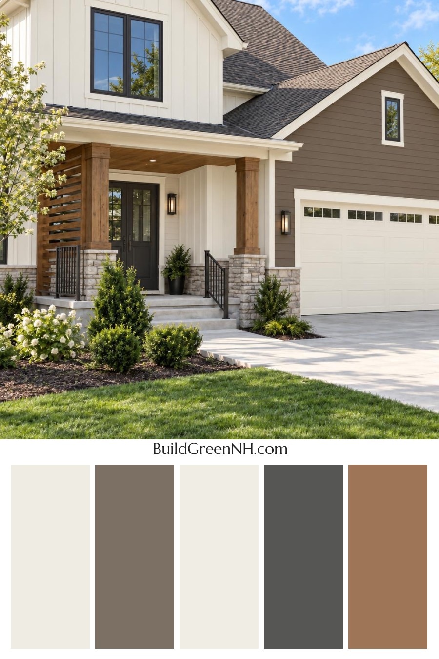 Wood and White House Exterior Color Scheme: Frosted Bark Balance