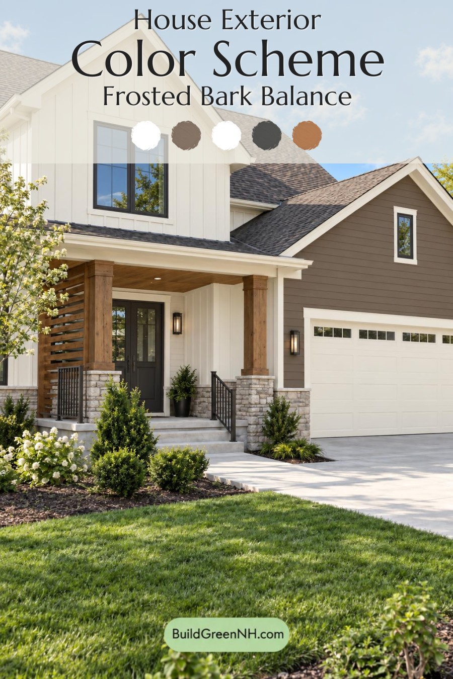 Wood and White House Exterior Color Scheme: Frosted Bark Balance