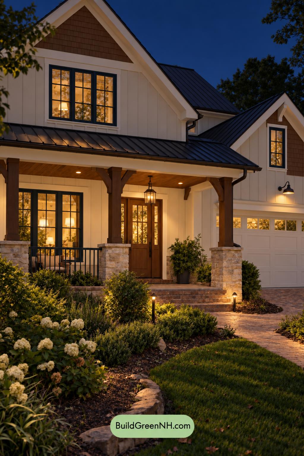 Wood and White House Exterior Color Scheme: Hearthline Grace - Nighttime