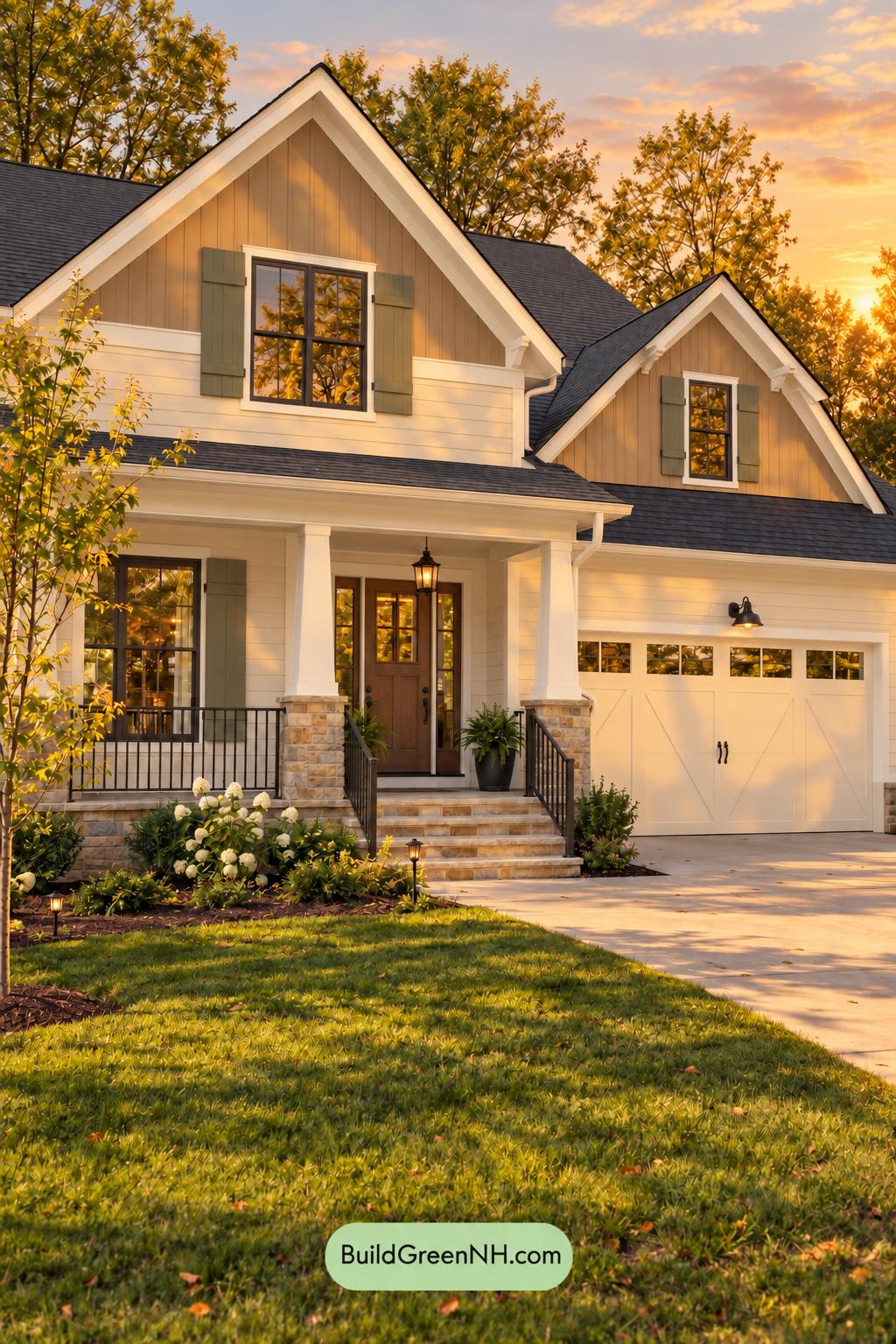 Wood and White House Exterior Color Scheme: Ivory Cedar Welcome - Golden Hour