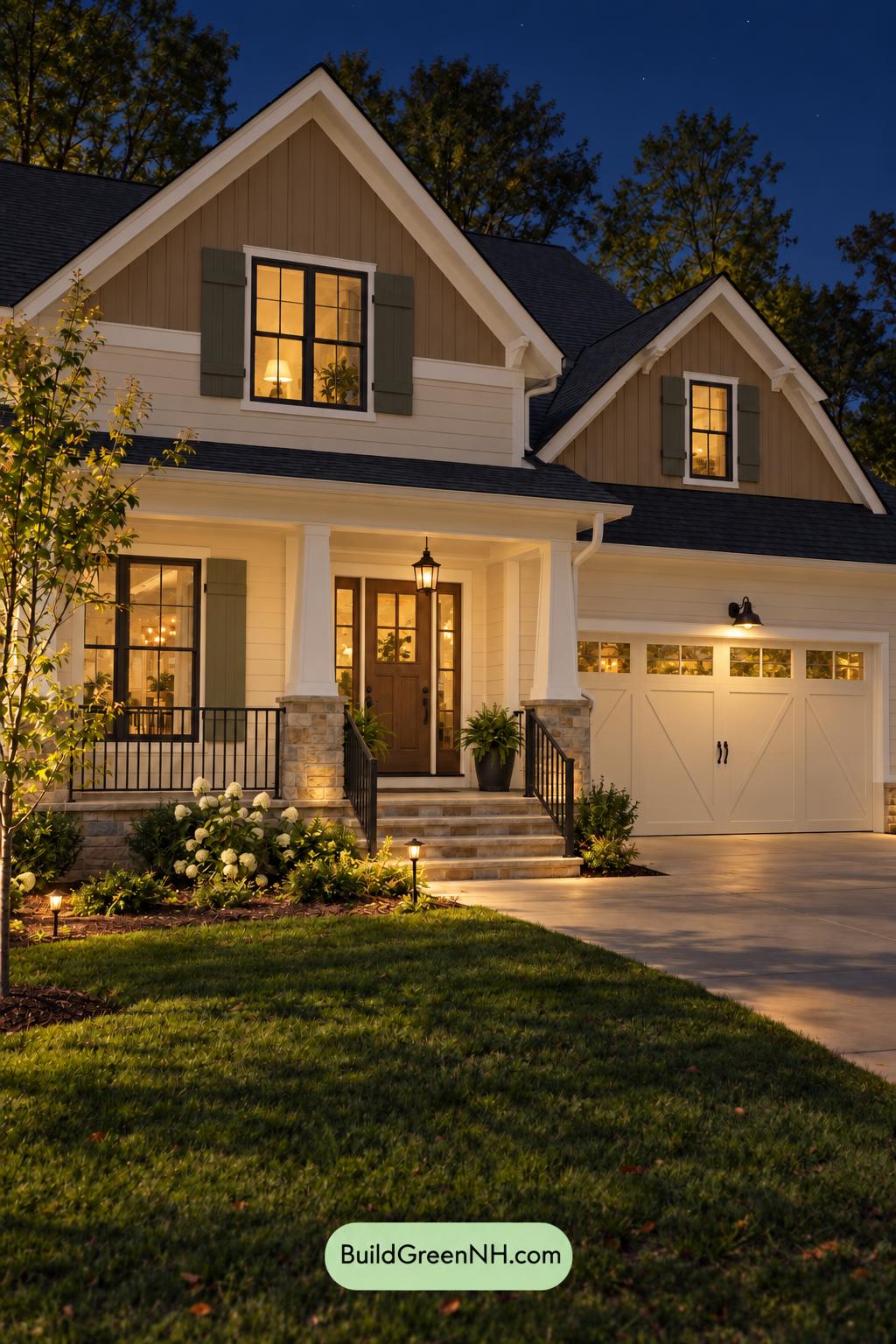 Wood and White House Exterior Color Scheme: Ivory Cedar Welcome - Nighttime