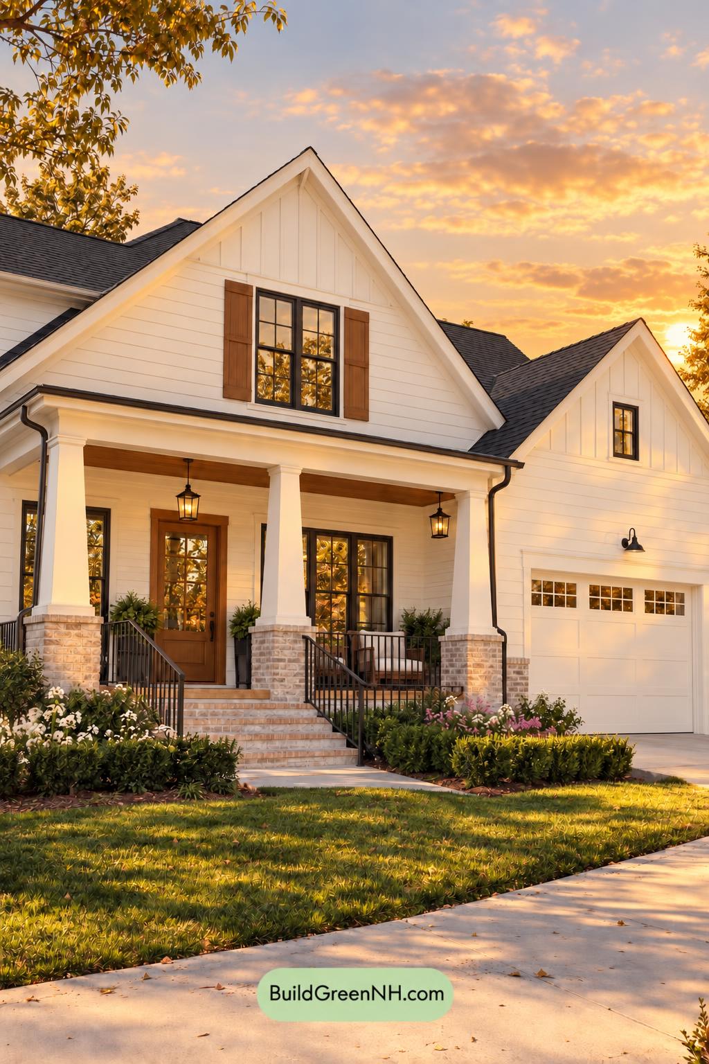 Wood and White House Exterior Color Scheme: Linen Brick Hearth - Golden Hour
