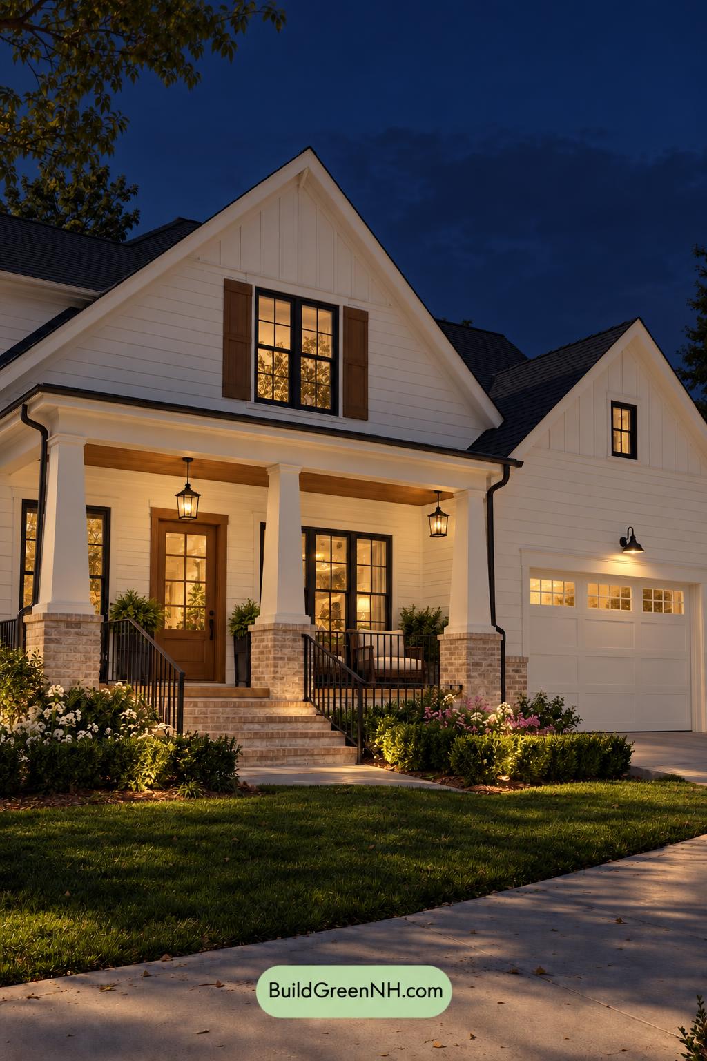 Wood and White House Exterior Color Scheme: Linen Brick Hearth - Nighttime
