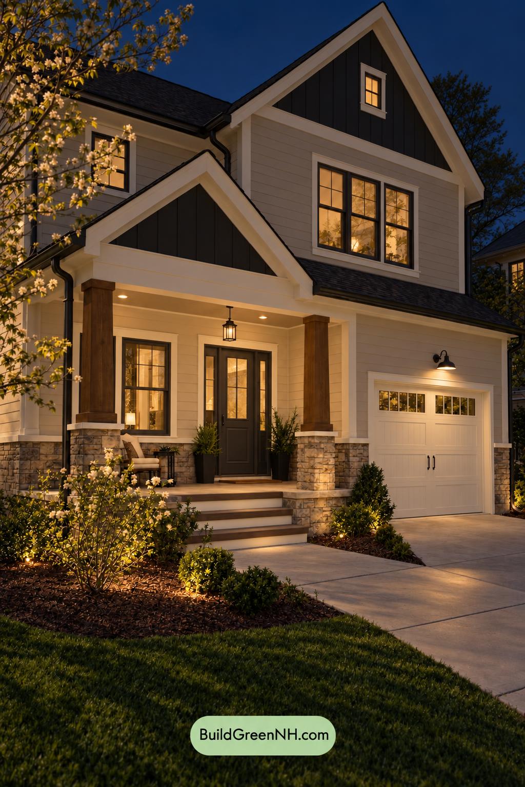Wood and White House Exterior Color Scheme: Maple Quiet - Nighttime