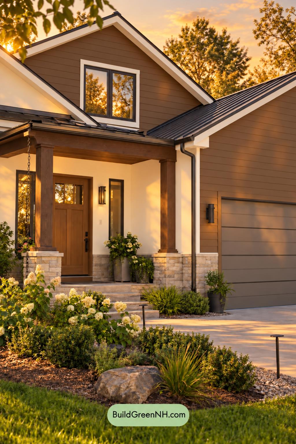 Wood and White House Exterior Color Scheme: Milkwood Cocoa Rhythm - Golden Hour