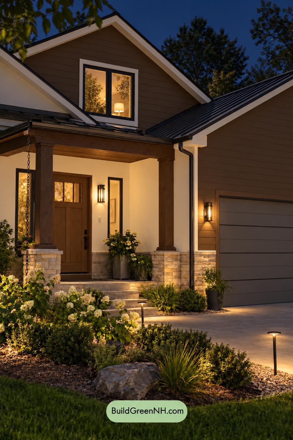 Wood and White House Exterior Color Scheme: Milkwood Cocoa Rhythm - Nighttime