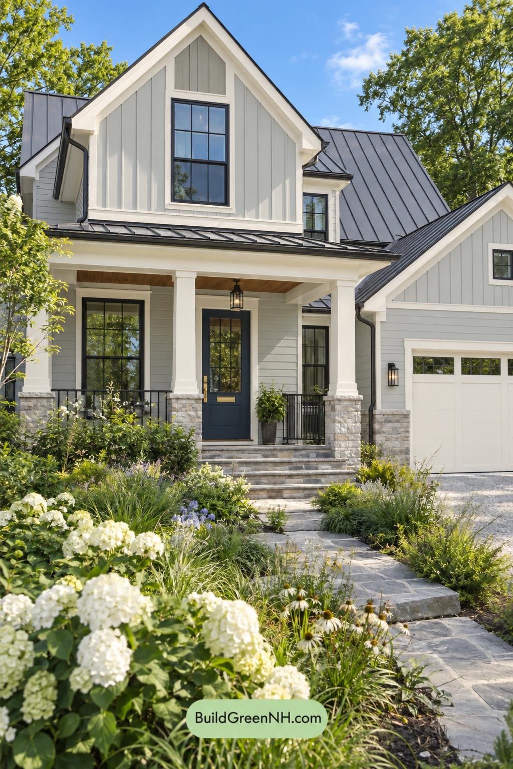 Wood and White House Exterior Color Scheme: Pearl Blue Gables