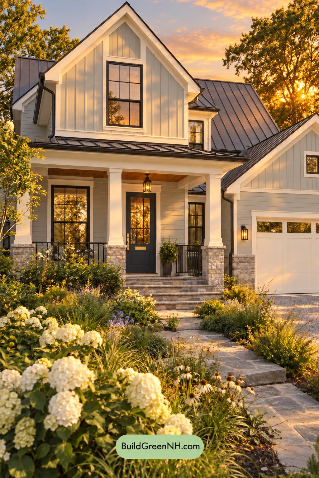 Wood and White House Exterior Color Scheme: Pearl Blue Gables - Golden Hour
