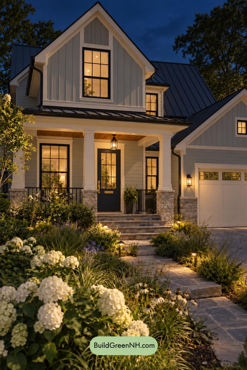 Wood and White House Exterior Color Scheme: Pearl Blue Gables - Nighttime