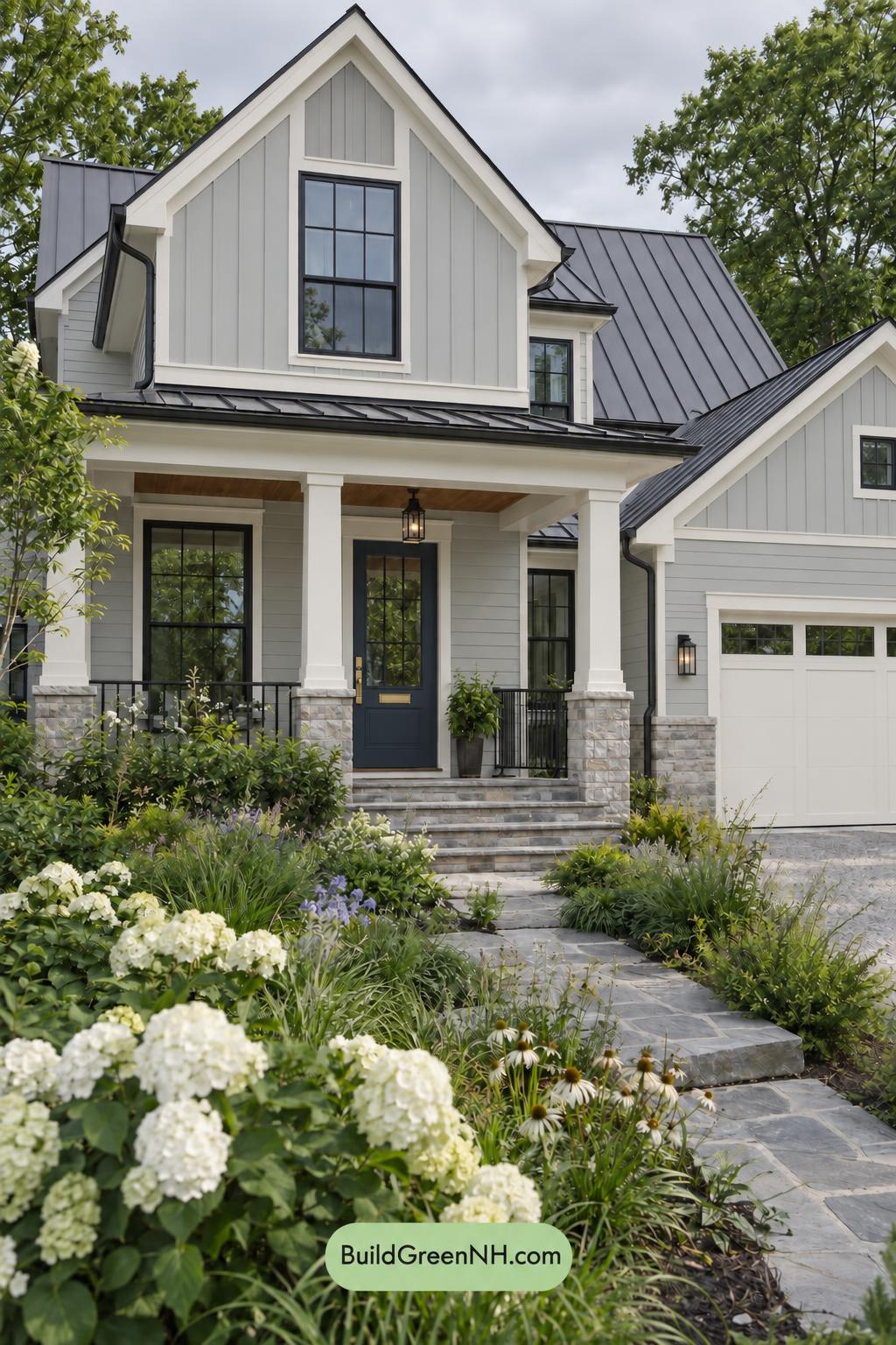 Wood and White House Exterior Color Scheme: Pearl Blue Gables - Overcast