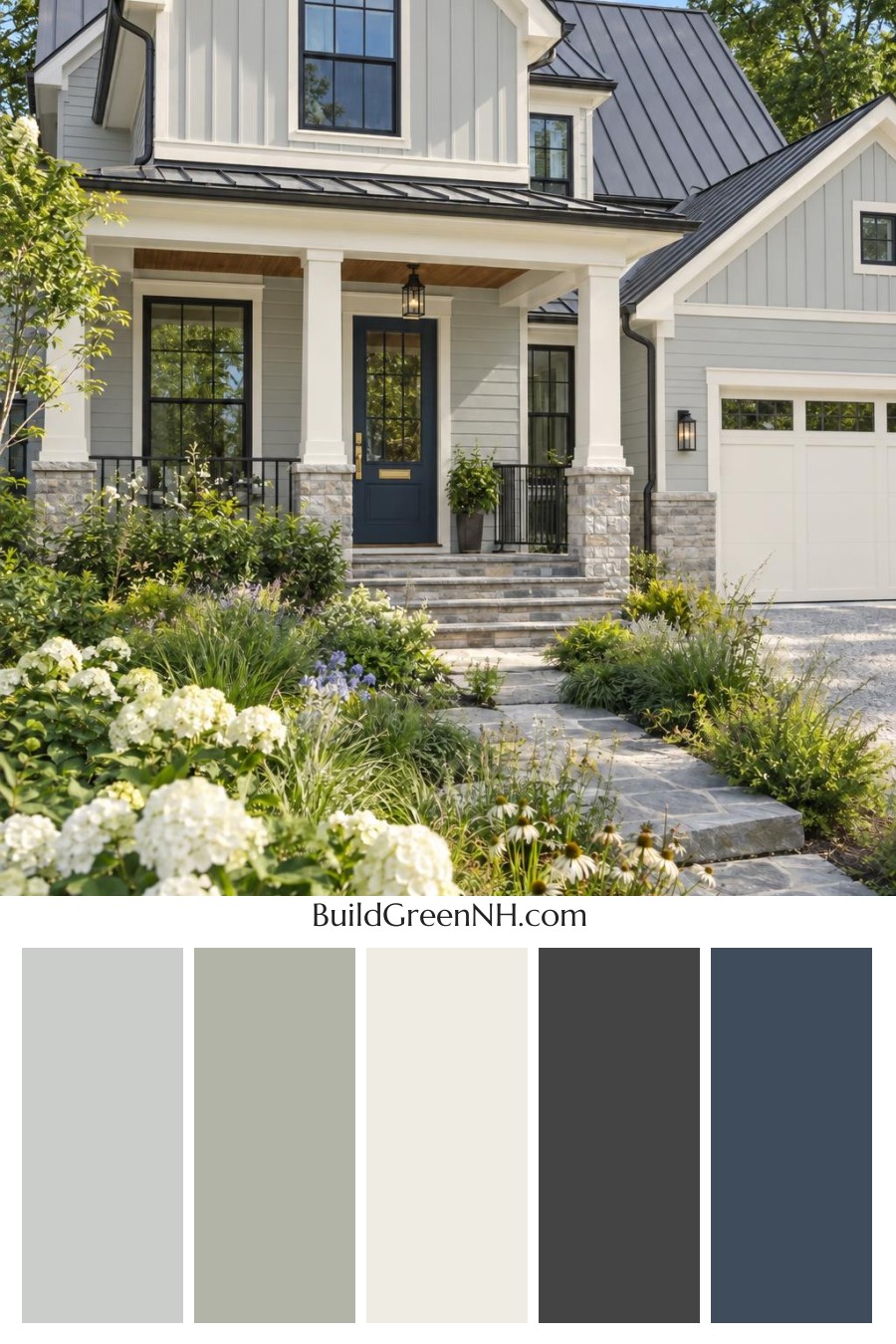 Wood and White House Exterior Color Scheme: Pearl Blue Gables