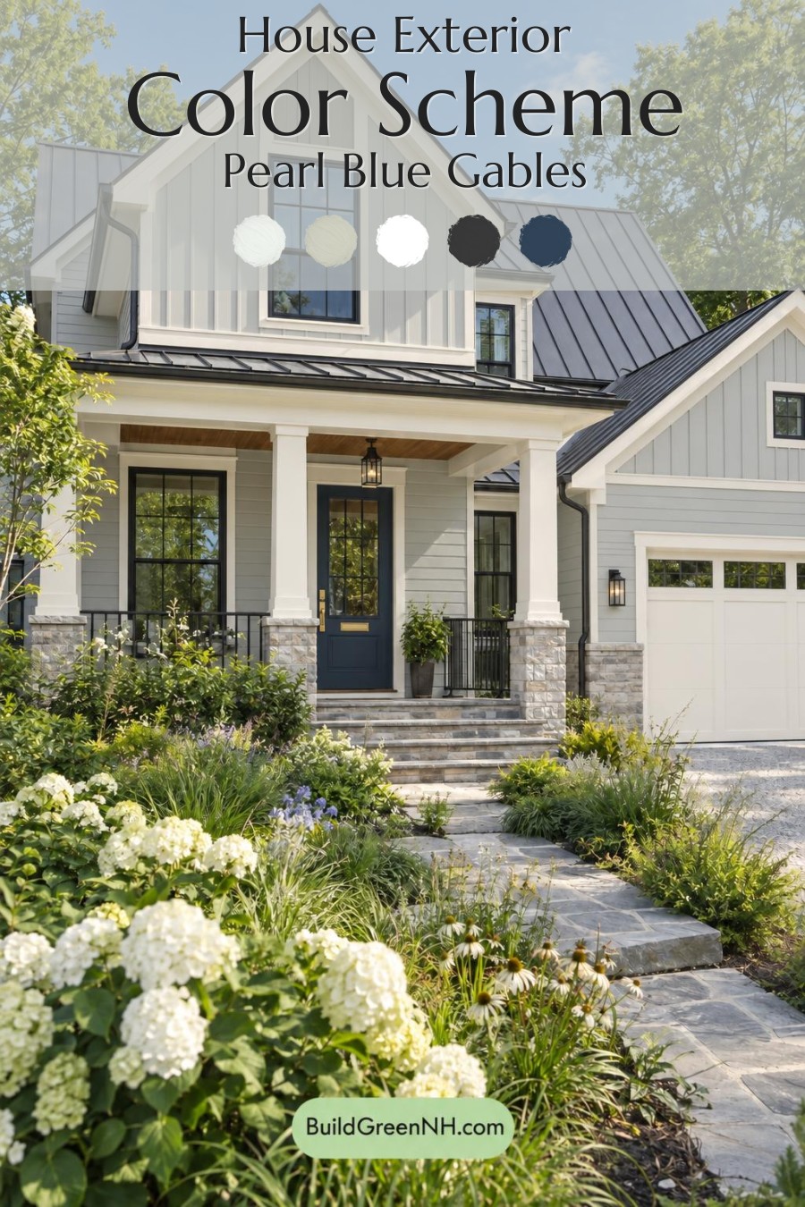 Wood and White House Exterior Color Scheme: Pearl Blue Gables