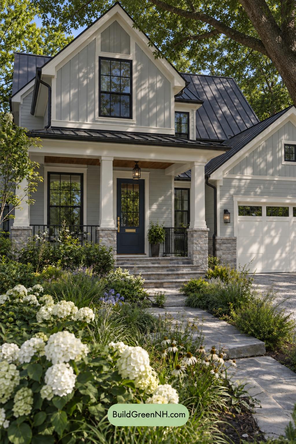 Wood and White House Exterior Color Scheme: Pearl Blue Gables - Shade