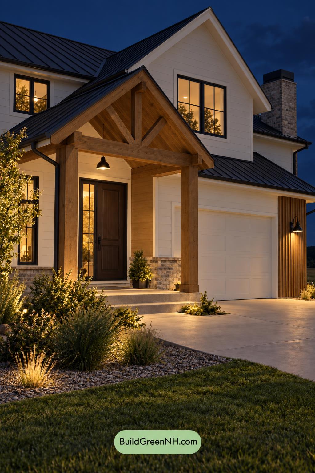 Wood and White House Exterior Color Scheme: Porcelain Russet Shelter - Nighttime
