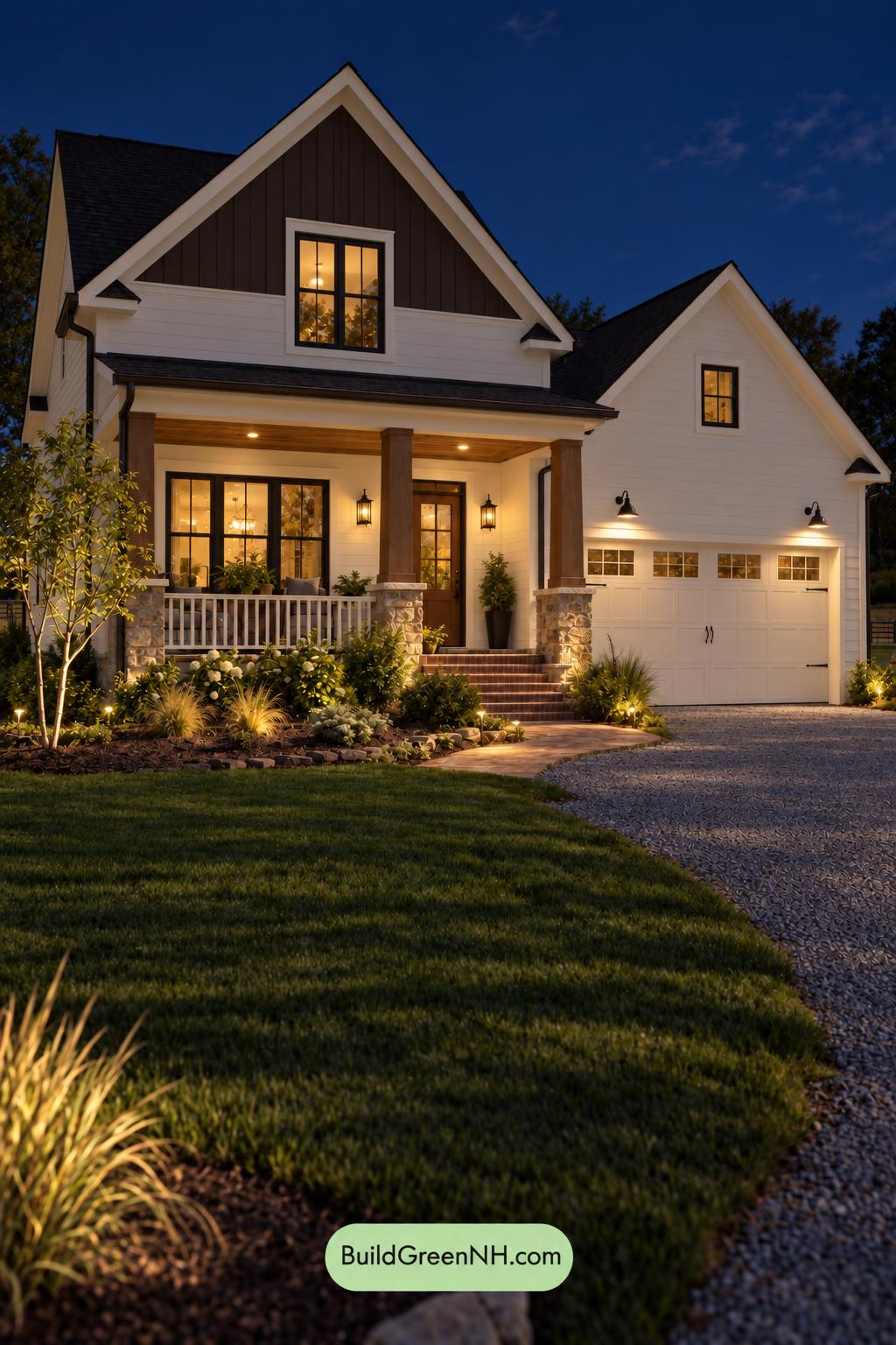 Wood and White House Exterior Color Scheme: Saddle Porchlight - Nighttime