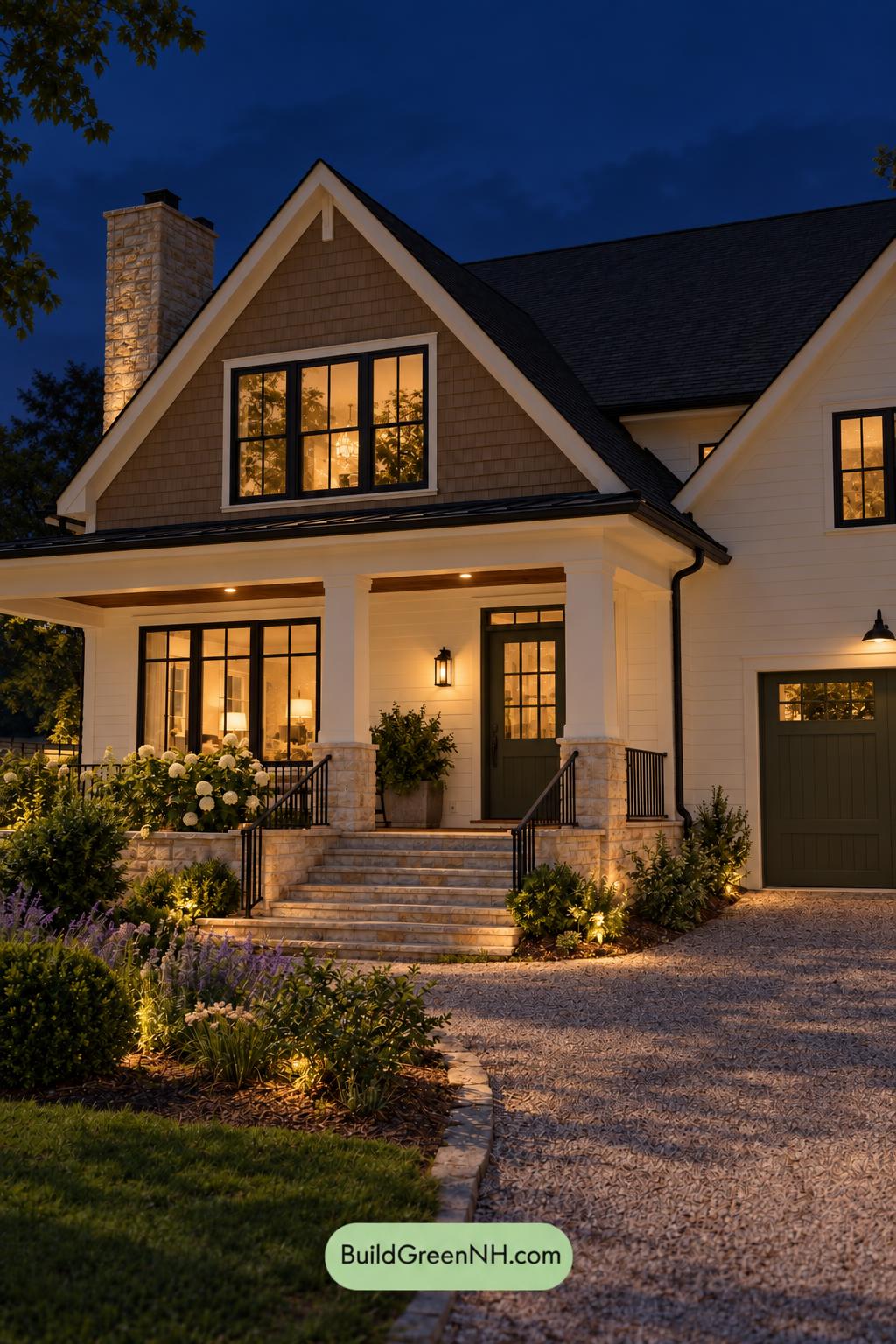 Wood and White House Exterior Color Scheme: White Oak Ember - Nighttime