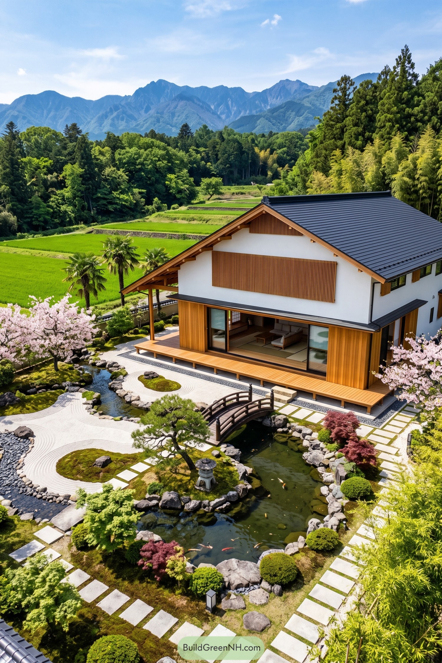 Modern Japanese inspired home beside a koi pond and mountain fields