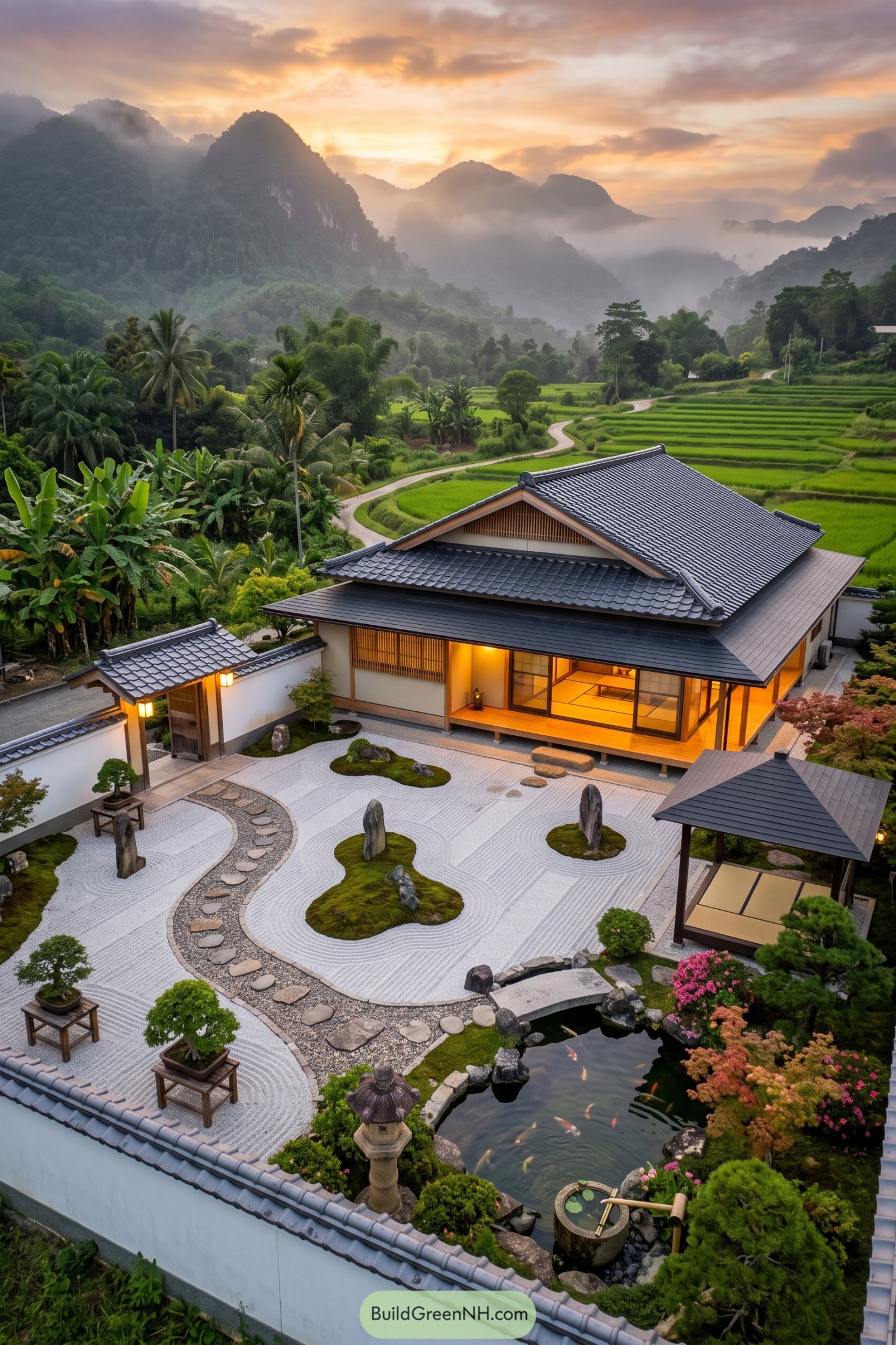 Japanese-inspired villa with raked garden and koi pond beside rice terraces