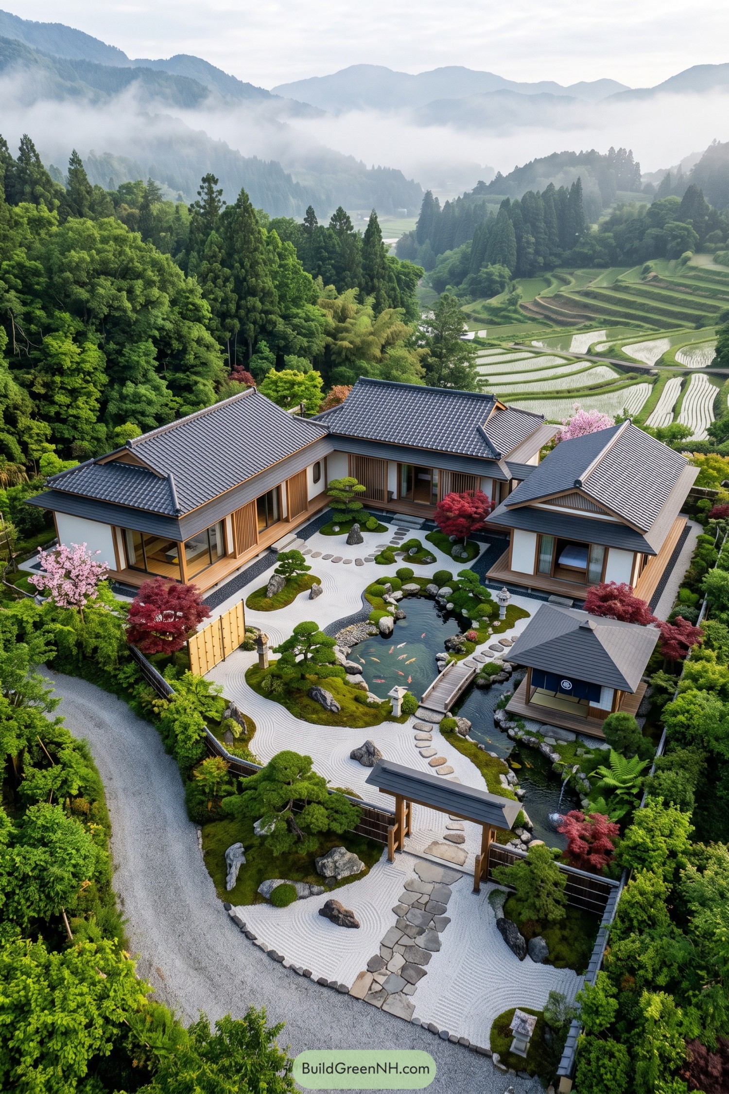 Zen residence with koi pond beside misty rice terraces