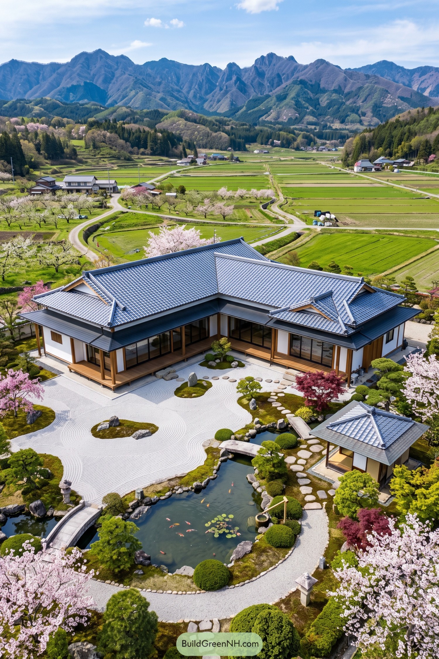 Japanese residence with koi pond and mountain views