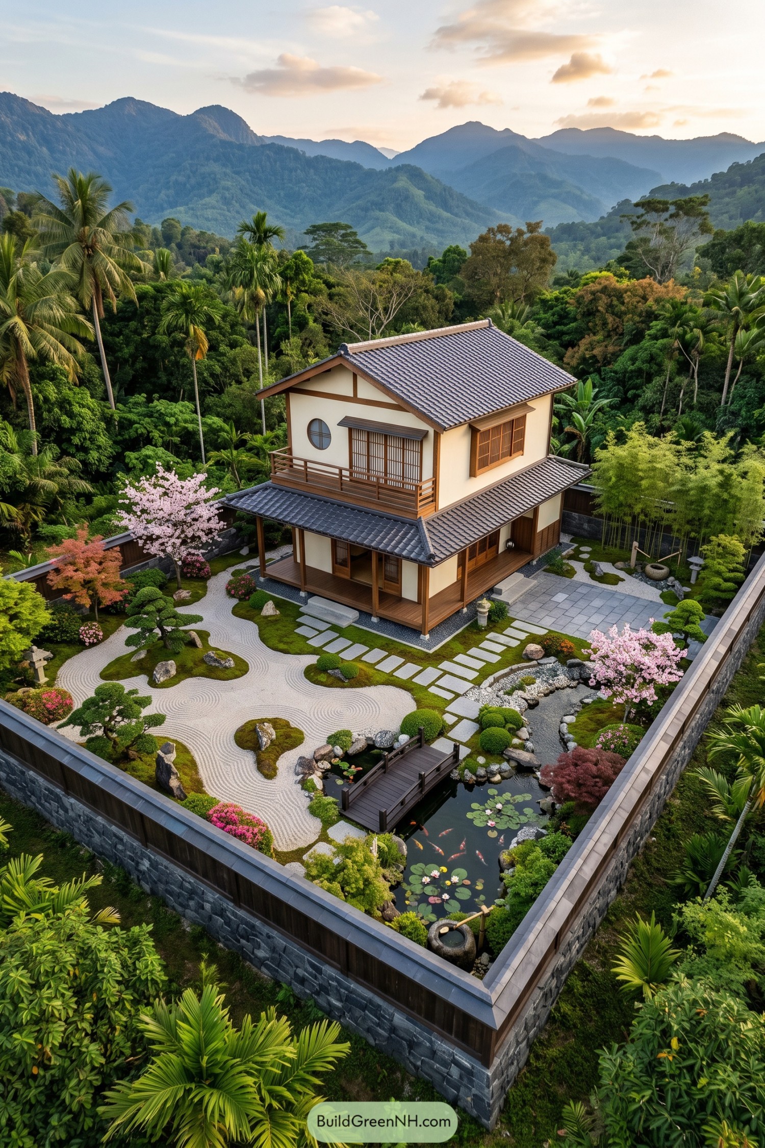 Two-story zen house with raked garden and koi pond beneath tropical mountains