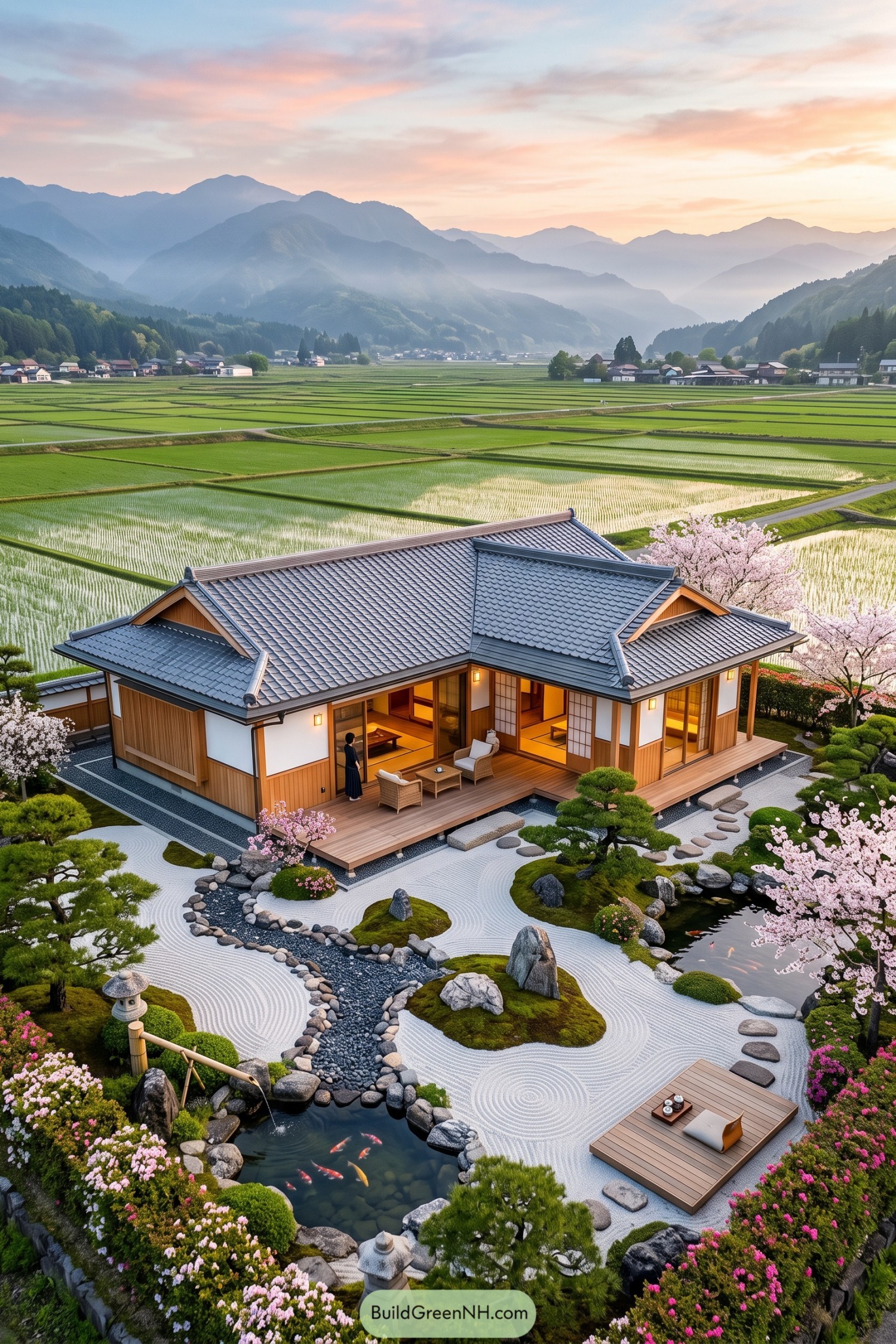 Japanese-inspired home with raked garden and koi ponds beside rice fields