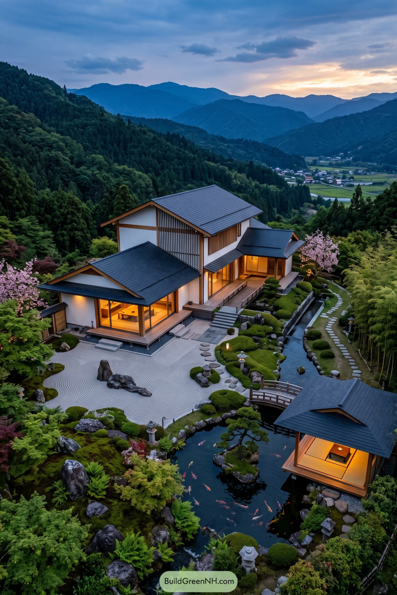 Japanese inspired hillside home with koi pond and raked stone garden