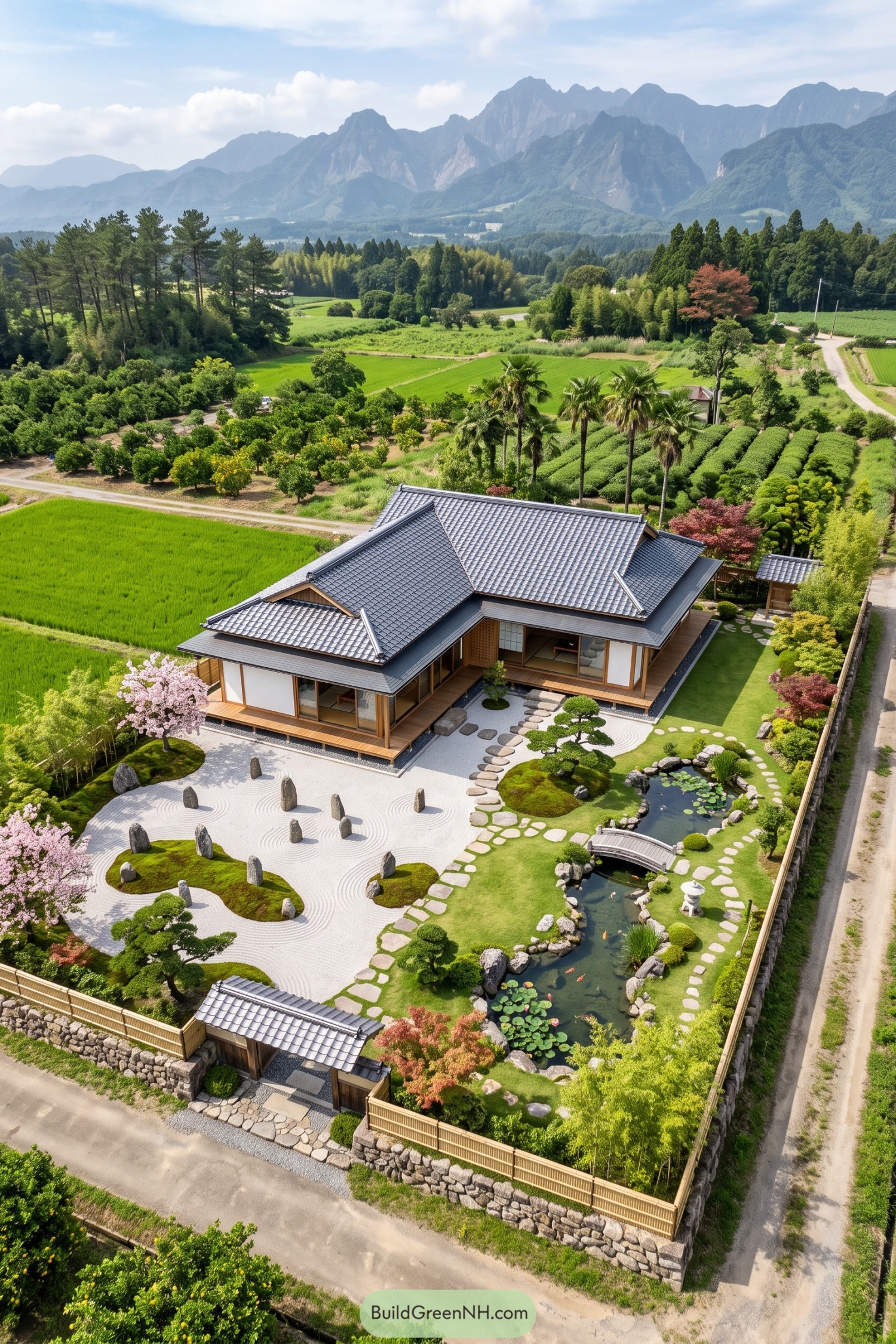 Zen home with raked garden and koi pond