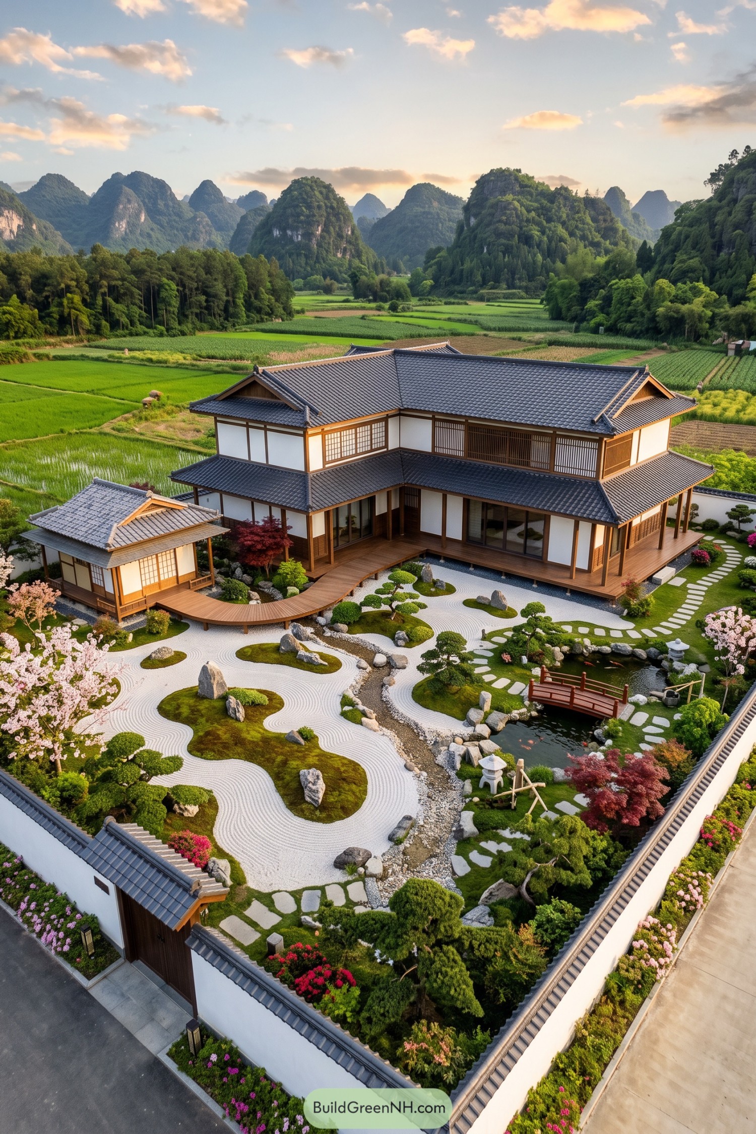 Japanese inspired house with raked gravel garden and koi pond beneath karst peaks