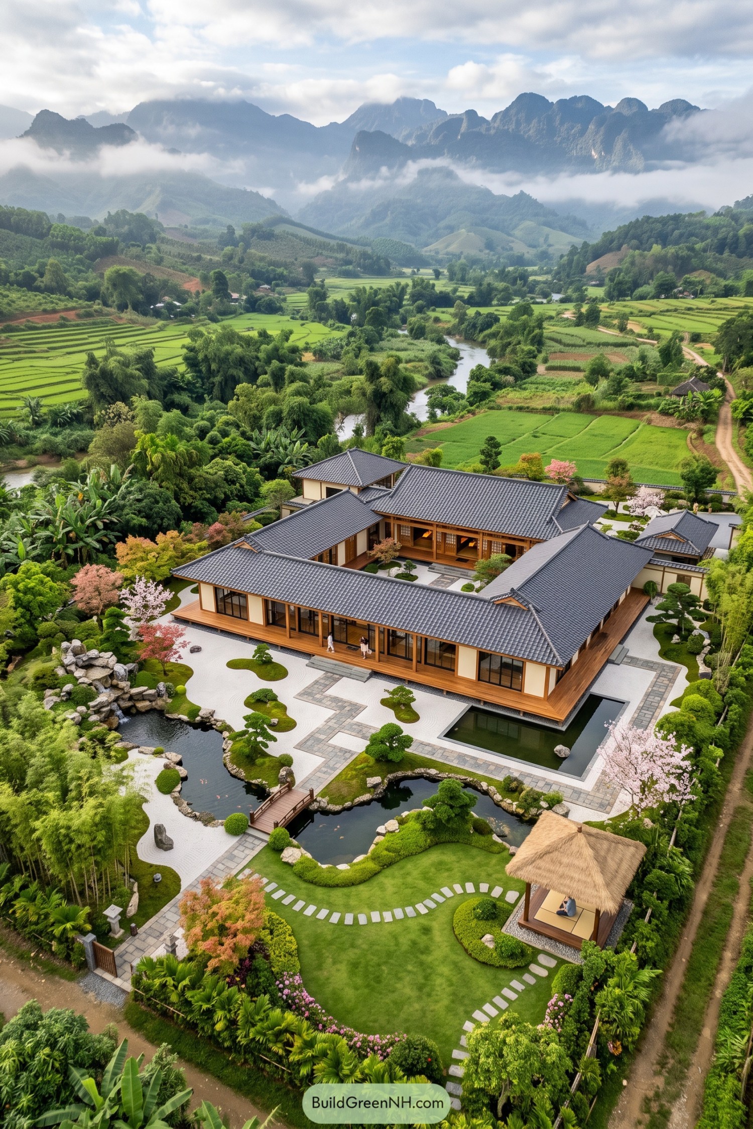 Modern Zen home with ponds and mountain rice fields