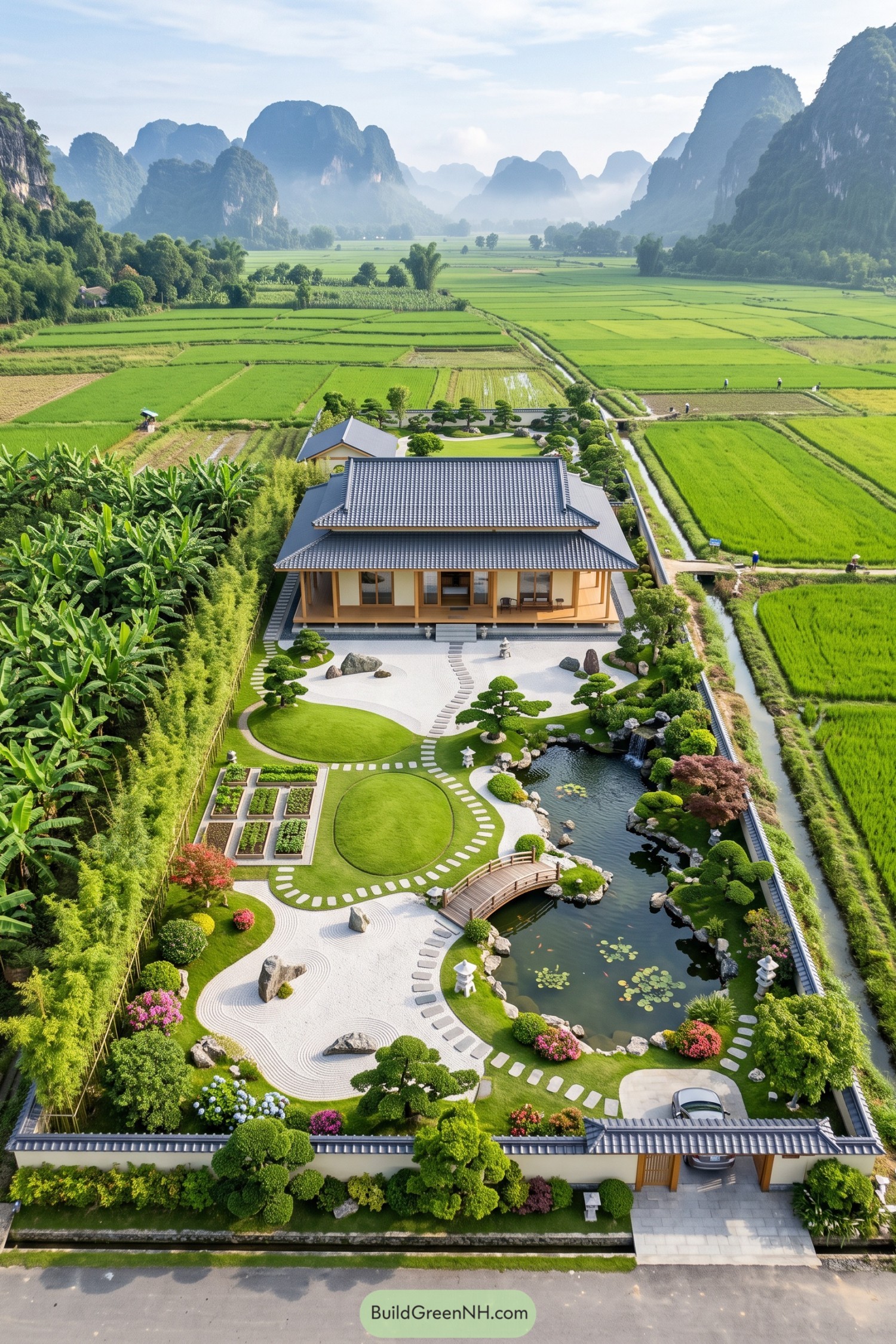 Japanese-inspired home with a pond garden beside rice fields