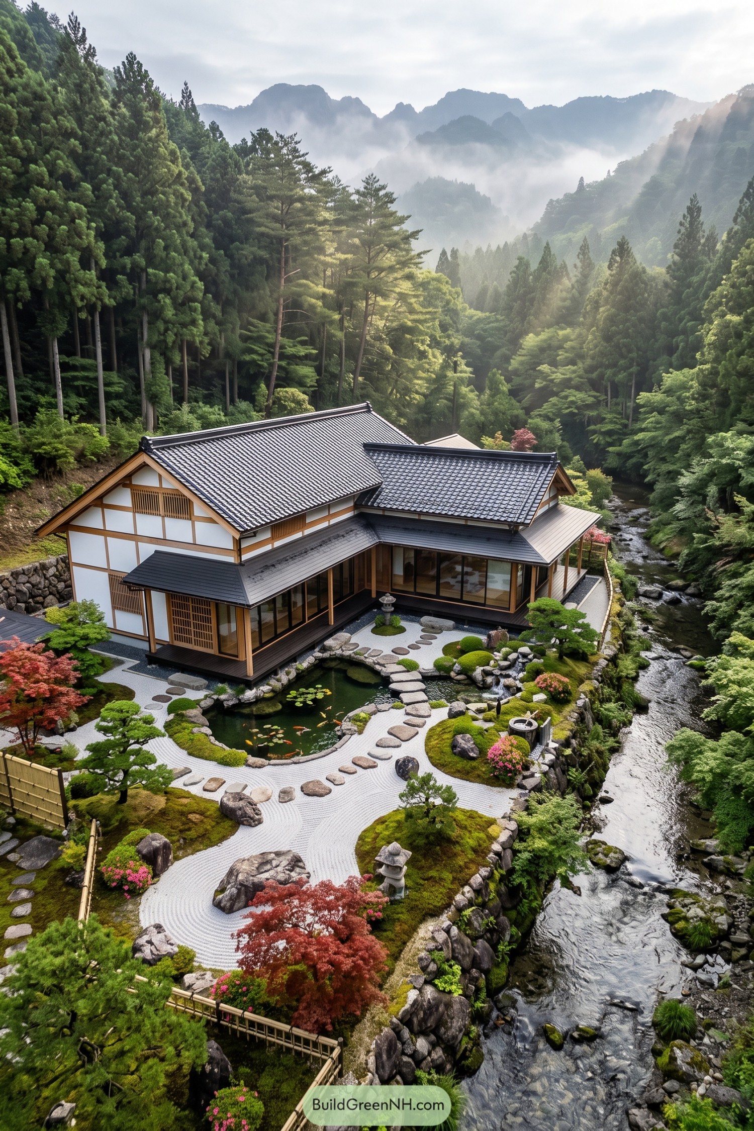 Japanese-inspired home beside a forest stream and raked garden