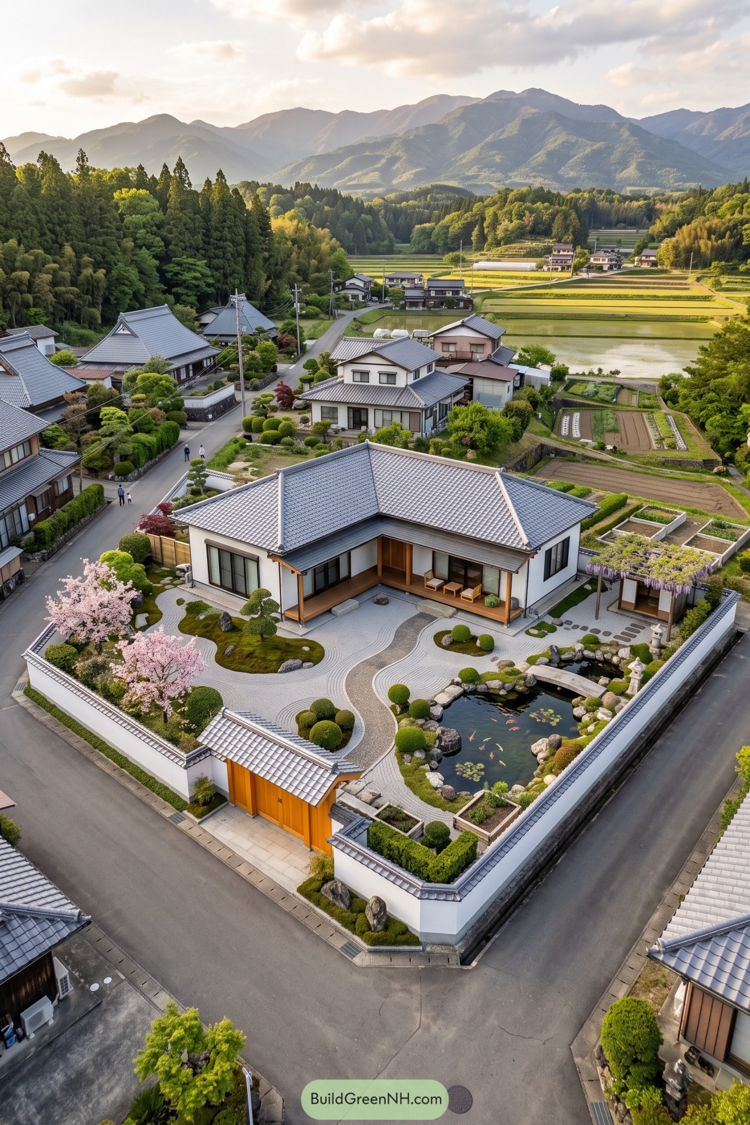 Modern zen home with koi pond and raked gravel garden