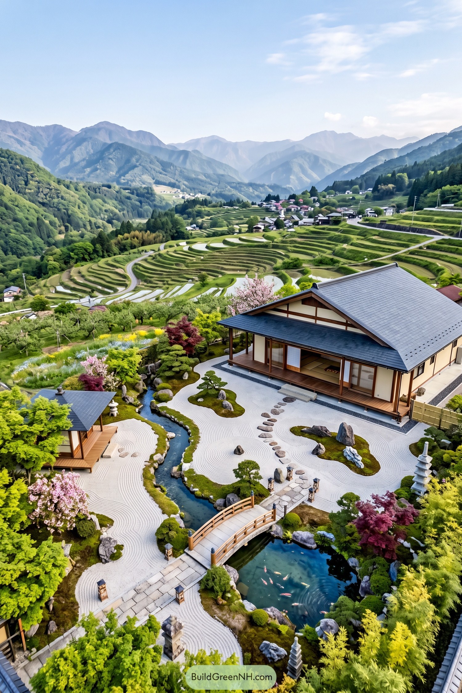 Japanese-inspired home with raked garden and koi pond