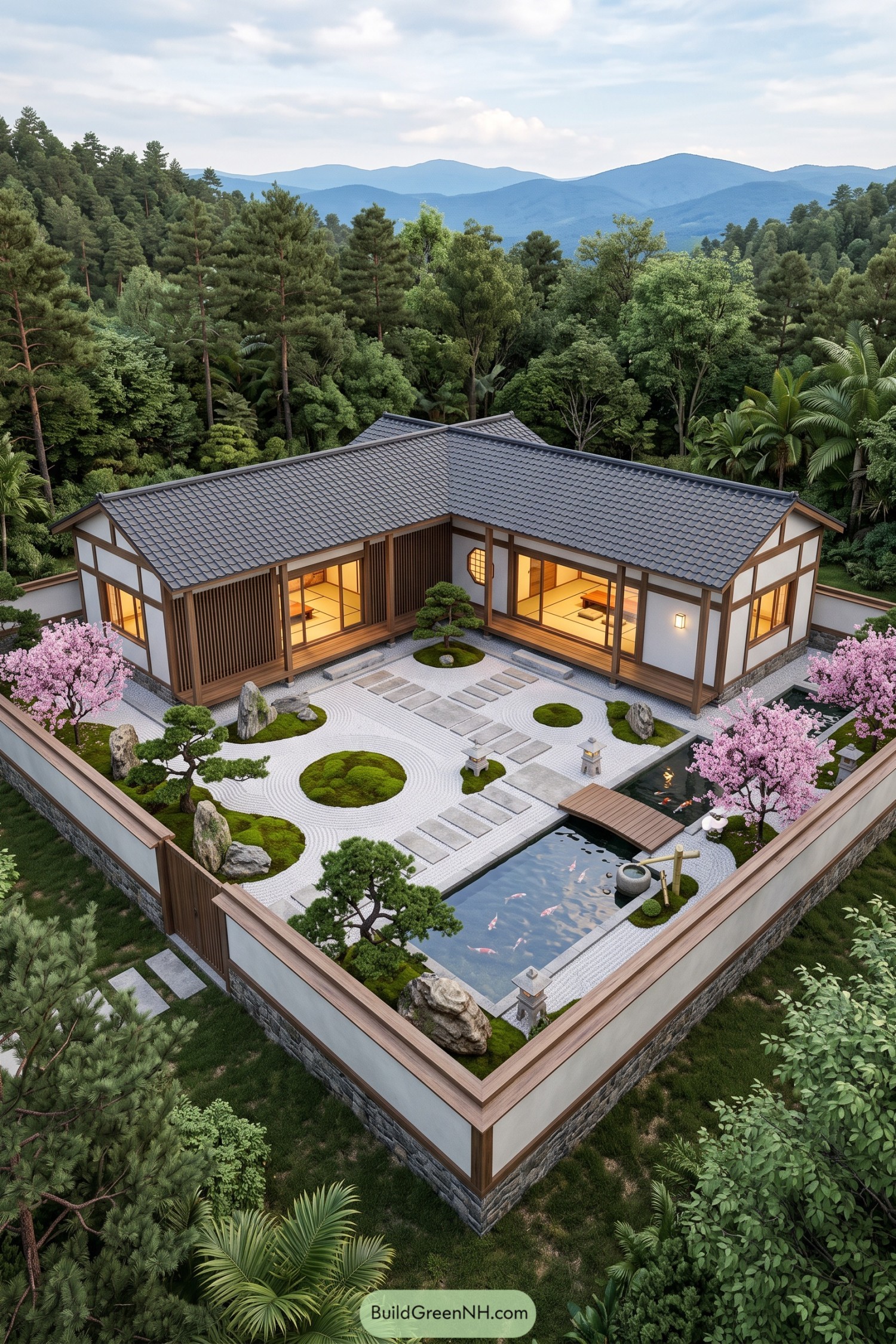 Japanese inspired home with raked garden and koi pond
